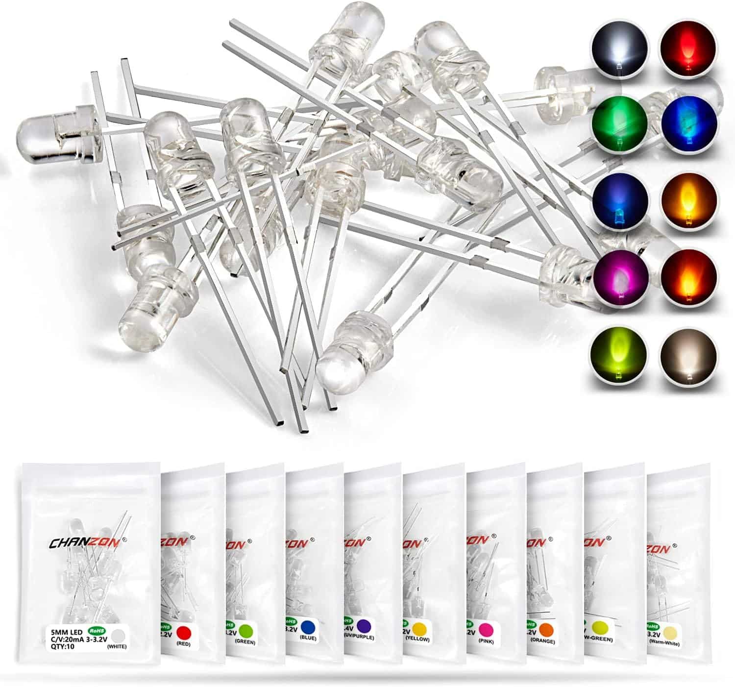 CHANZON 100pcs (10 Colors x 10pcs) 3mm LED Diode Lights Assortment (Clear Transparent Lens) Emitting Lighting Bulb Lamp Assorted Kit Variety Colour Warm White Red Yellow Green Blue Orange UV Pink