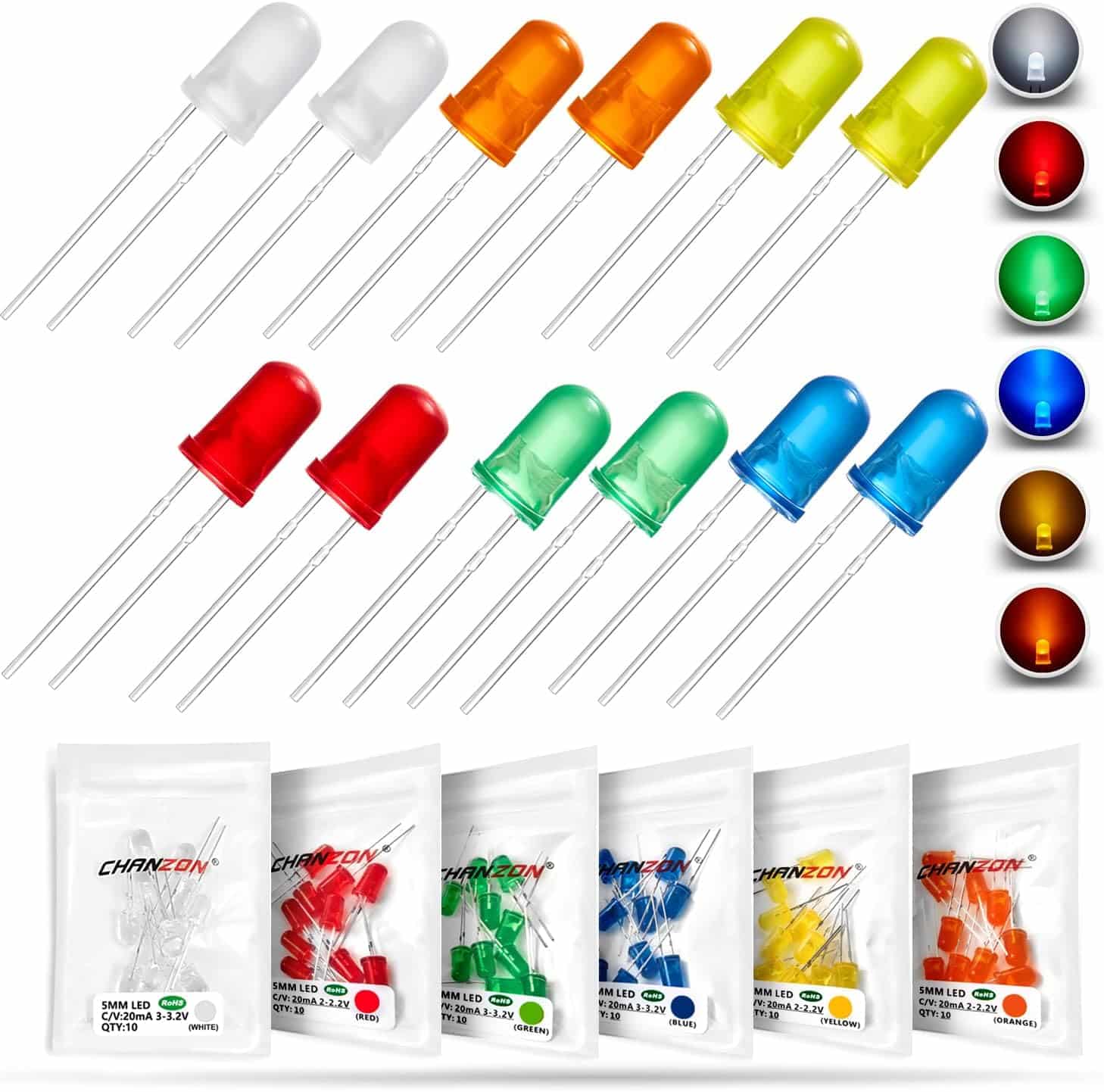 Chanzon 5mm LED Diode Lights Assortment Kit Pack 60 pcs(6 colors x 10 pcs) (Diffused Round Lens DC 3V 20mA) Lighting Bulb Lamp Assorted Variety Color Electronics Components Light Emitting Diodes Parts