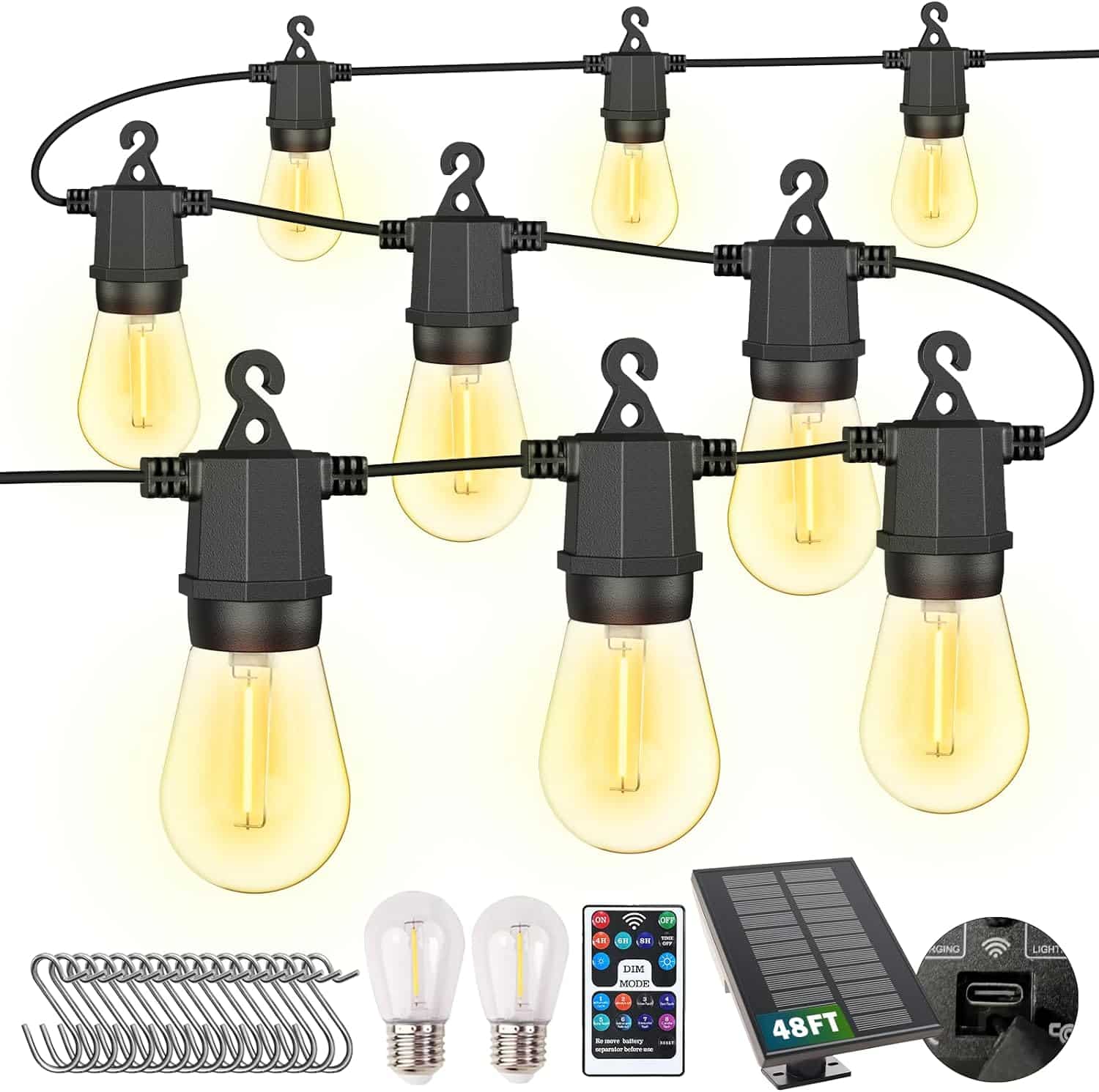 CIIC Solar Outdoor String Lights, 48FT LED Patio Lights Solar Powered for Outside IP65 Waterproof, String Lights with 8 Modes 16+2 Shatterproof Bulbs for Party Decor-Warm White