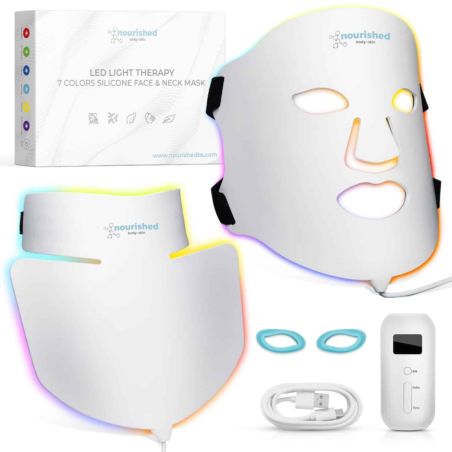 LED Light Therapy Face  Neck Mask - Facial Skin Care Device - 7 Colors Red  Blue - Rejuvenation, Anti-aging Product for Wrinkles