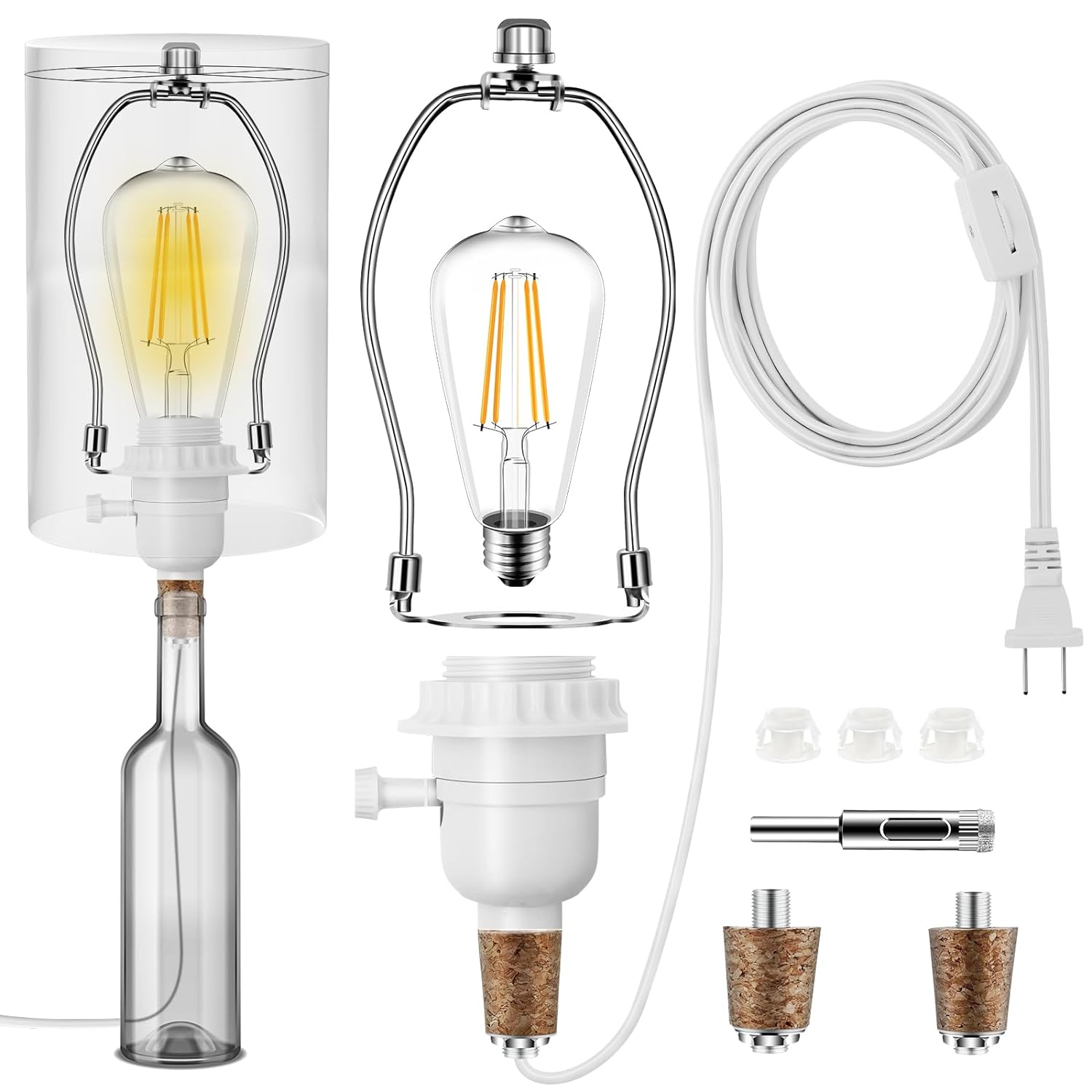 Make a Lamp or Rewire Kit,DIY Bottle Lamp Wiring Kit Includes lamp Bulb,3-Way Light Socket,Electric Cord,Glass Drill Bit,Bottle Corks etc., All Essential Hardware Set for Bottle Lamp Design or Repair