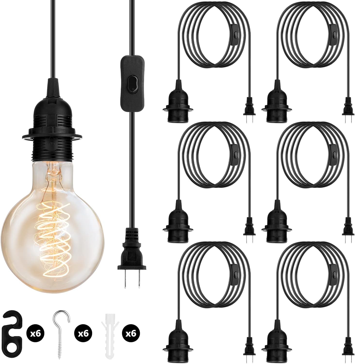 Reginary 6 Pieces Hanging Light Cord Kit Lantern Bulb Cord Cable Extension Plug in Pendant Light Cord with in-line On/Off Switch E27 Socket Lamp Kit for DIY Pendant Lamp(Black, 20 Feet/ 6 M)