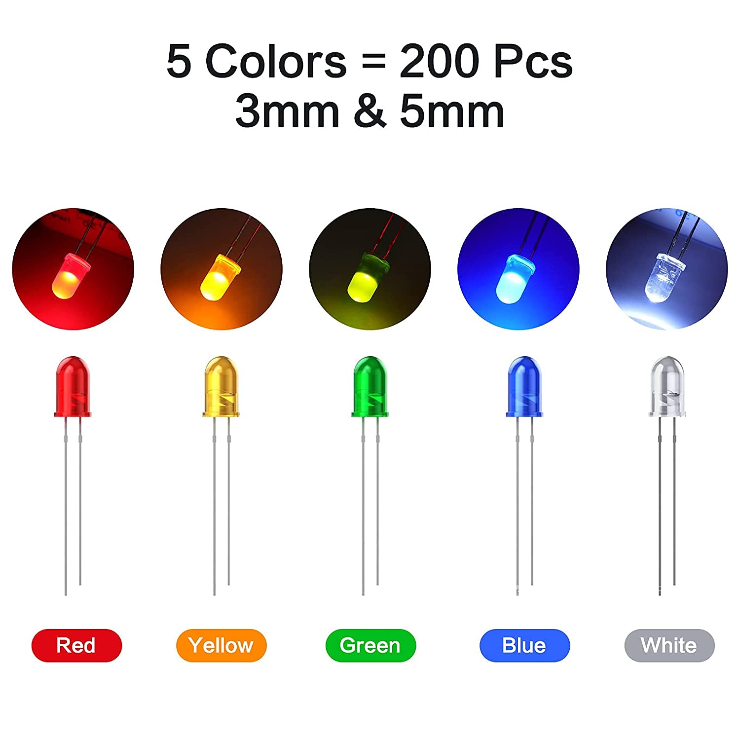 200Pcs 3mm  5mm Led Light Emitting Diodes Assortment Kit, Mini/Tiny/Small Individual Led Single Light, Clear/White Red Green Blue Yellow Assorted Led Diode Bulbs Set for Arduino, Breadboard, etc