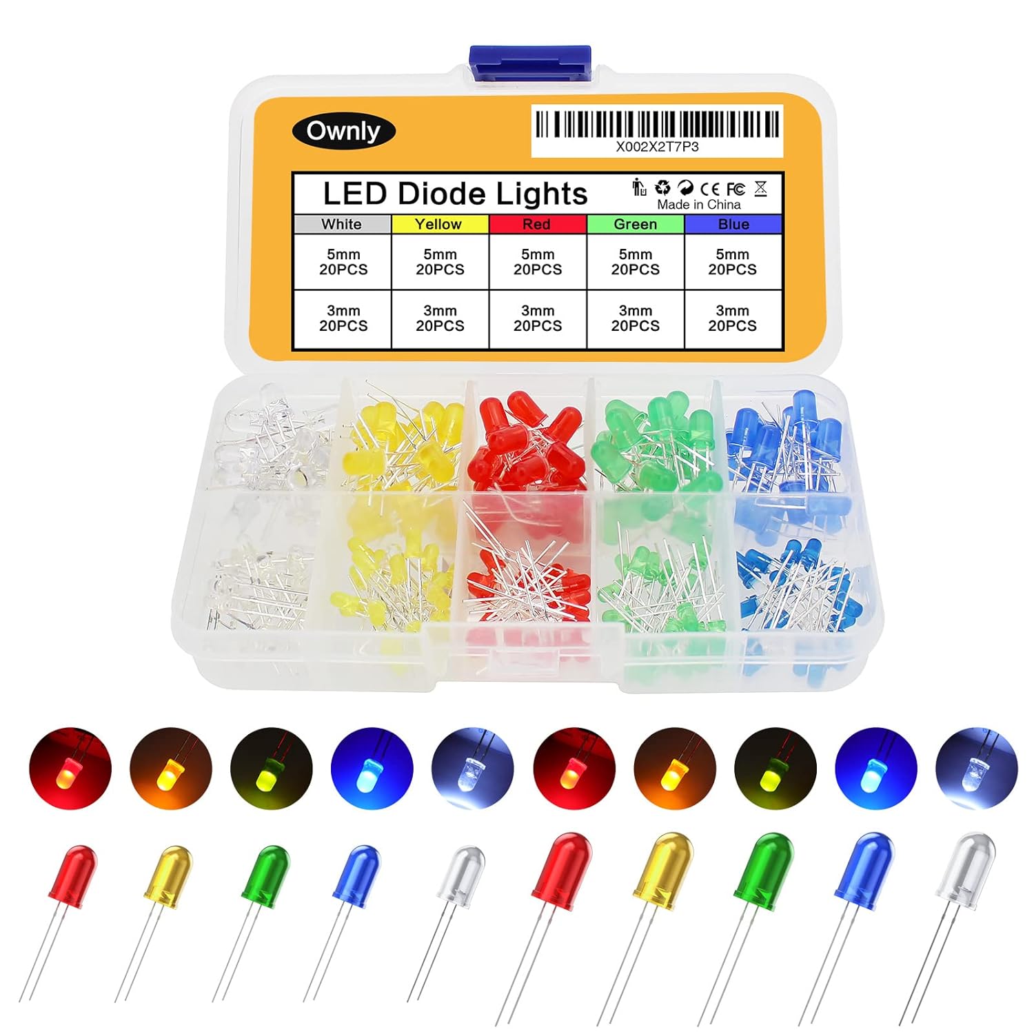 200Pcs 3mm  5mm Led Light Emitting Diodes Assortment Kit, Mini/Tiny/Small Individual Led Single Light, Clear/White Red Green Blue Yellow Assorted Led Diode Bulbs Set for Arduino, Breadboard, etc