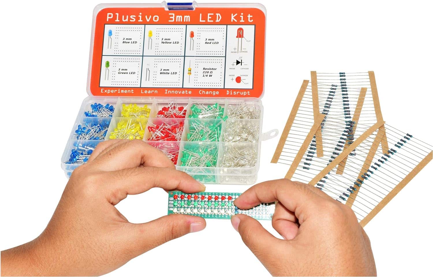 3mm Diffused LED Diode Assortment Kit - Pack of Assorted Color LEDs and Resistors (1000 pcs) - Red, Green, Yellow, Blue and White Light Emiting Diode Indicator Lights from Plusivo