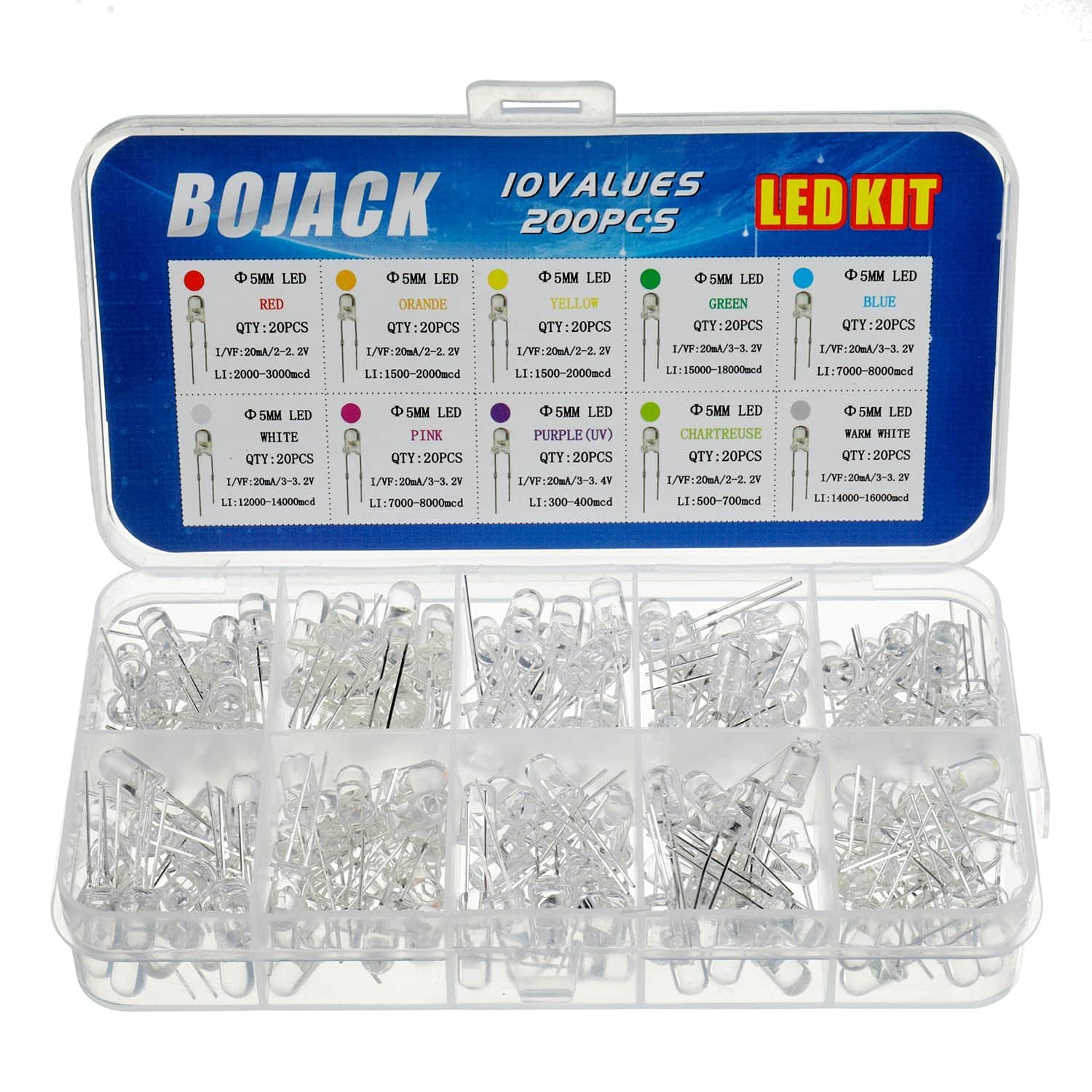BOJACK 5 Colors 500 pcs 5mm LED Diode Lights Assored Kit Pack Bright Lighting Bulb Lamps Electronics Components 5 mm Light Emitting Diodes Parts
