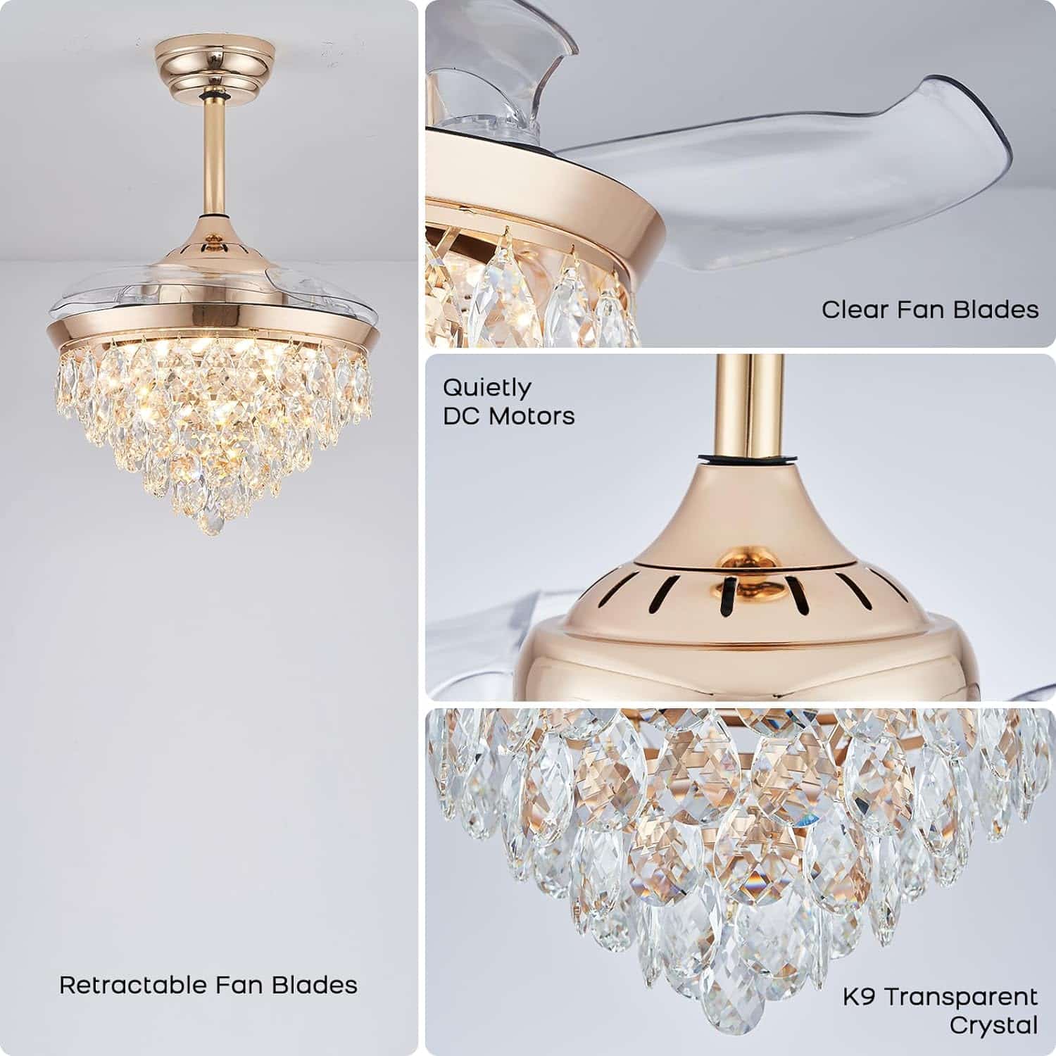 36 Modern Crystal Chandelier Ceiling Fan with Lights and Remote Dimmable LED Invisible Fandelier with Memory Function Flush Mount Crystal Fandeliers for Dining Room Bedroom,Gold