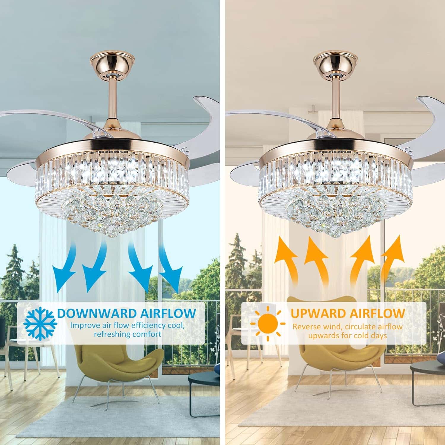 36 Stepless Dimming Chandelier Crystal Ceiling Fan with Lights, Reversible Modern Fandelier with Remote Retractable Invisible Blades 6 Speeds Indoor Ceiling Fan Light for Living Room Bedroom Kitchen