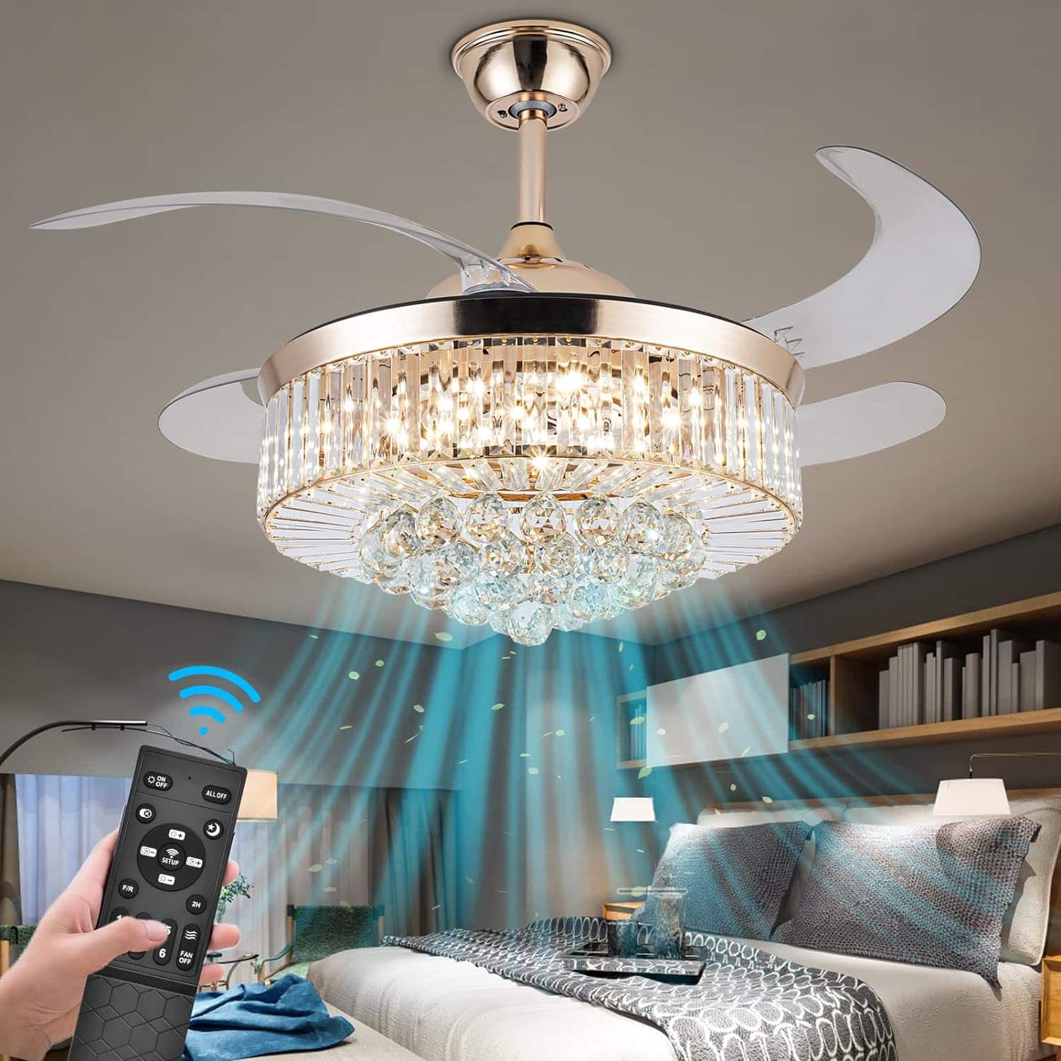 36 Stepless Dimming Chandelier Crystal Ceiling Fan with Lights, Reversible Modern Fandelier with Remote Retractable Invisible Blades 6 Speeds Indoor Ceiling Fan Light for Living Room Bedroom Kitchen