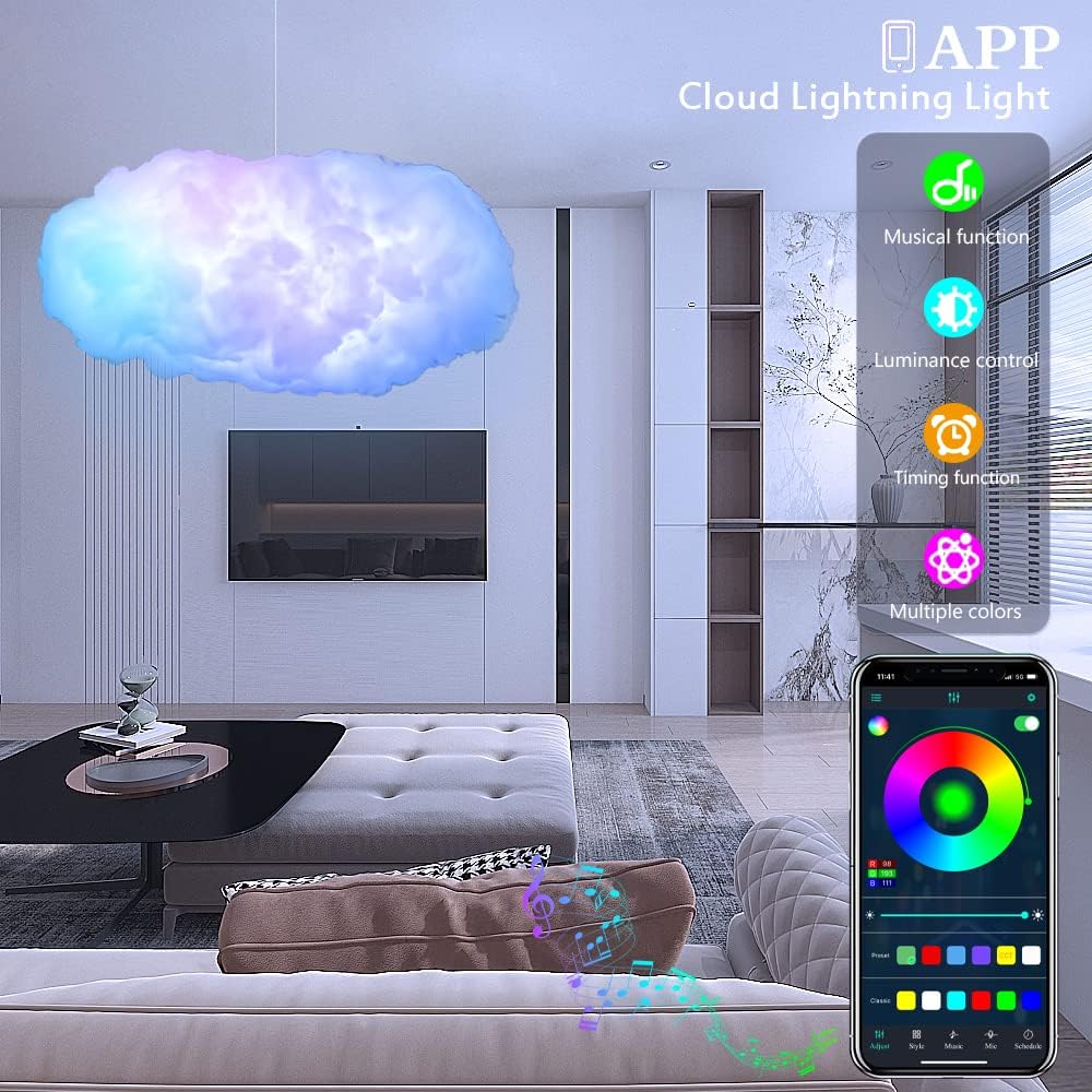 3D Big Cloud lightning Light Kit Music Sync Warm White Multicolor lightning Changing Strip Lights 360 Degree Wireless Remote APP NO DIY Coolest Decorations for Adults and Kids Indoor Home Bedroom New