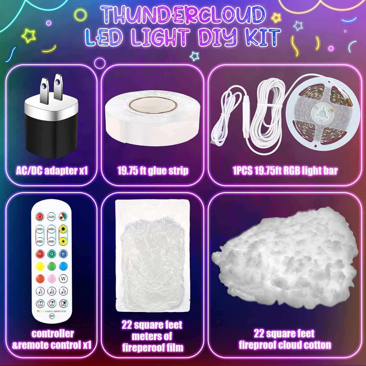 3D Thundercloud LED Light Kit Cotton Cloud Music Sync Multicolor Changing Strip Light Atmosphere DIY Creative Thunder Cloud Lamp Wall Ceiling Light for Bedroom Gaming Room Party (1 Pcs, 16 Ft)
