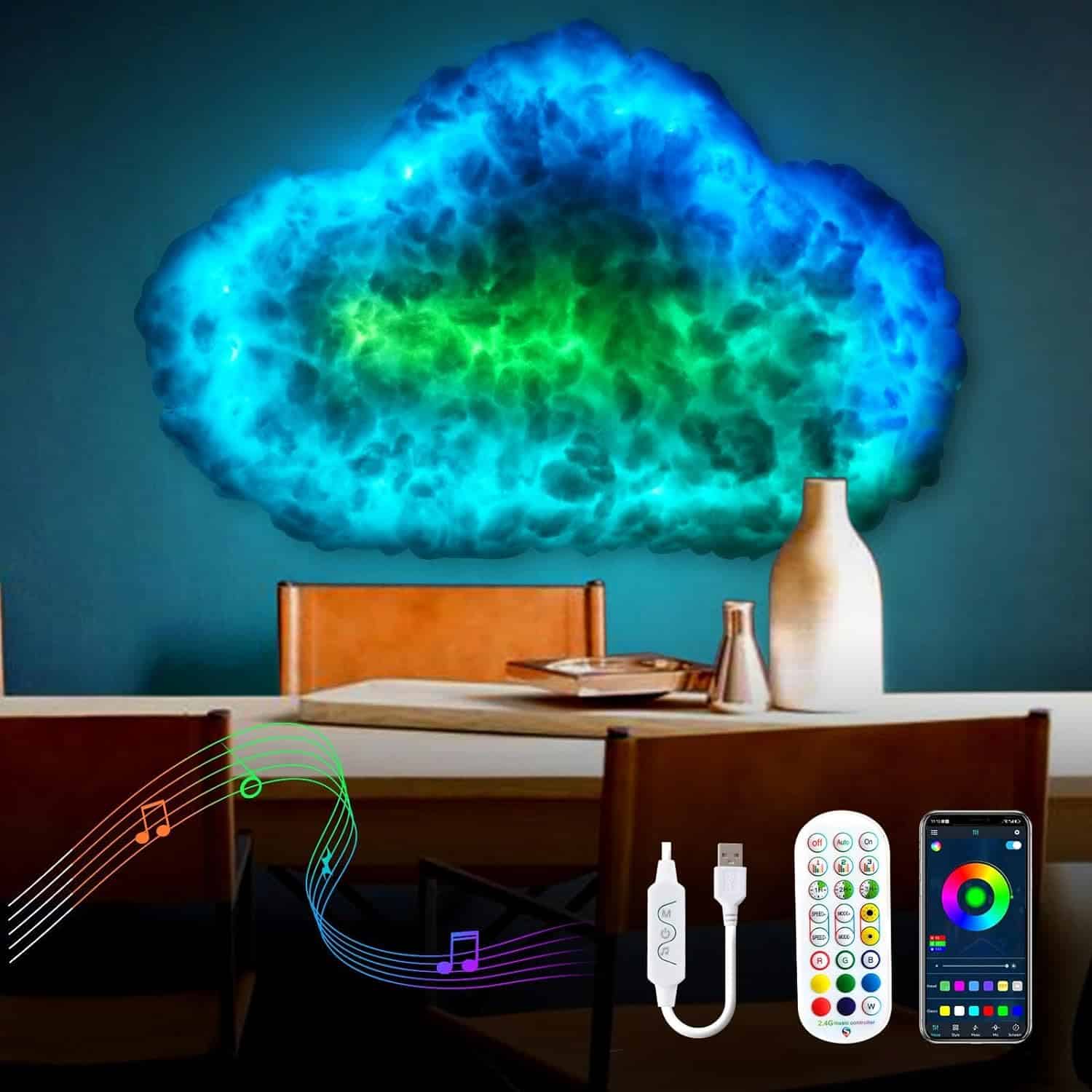 4 Feet Cloud Lights for Wall, Music Sync Cloud LED Light Multicolor Color Changing, Creative Night Lighting Kit for Bedroom Adults and Kids Modern Home Decorations