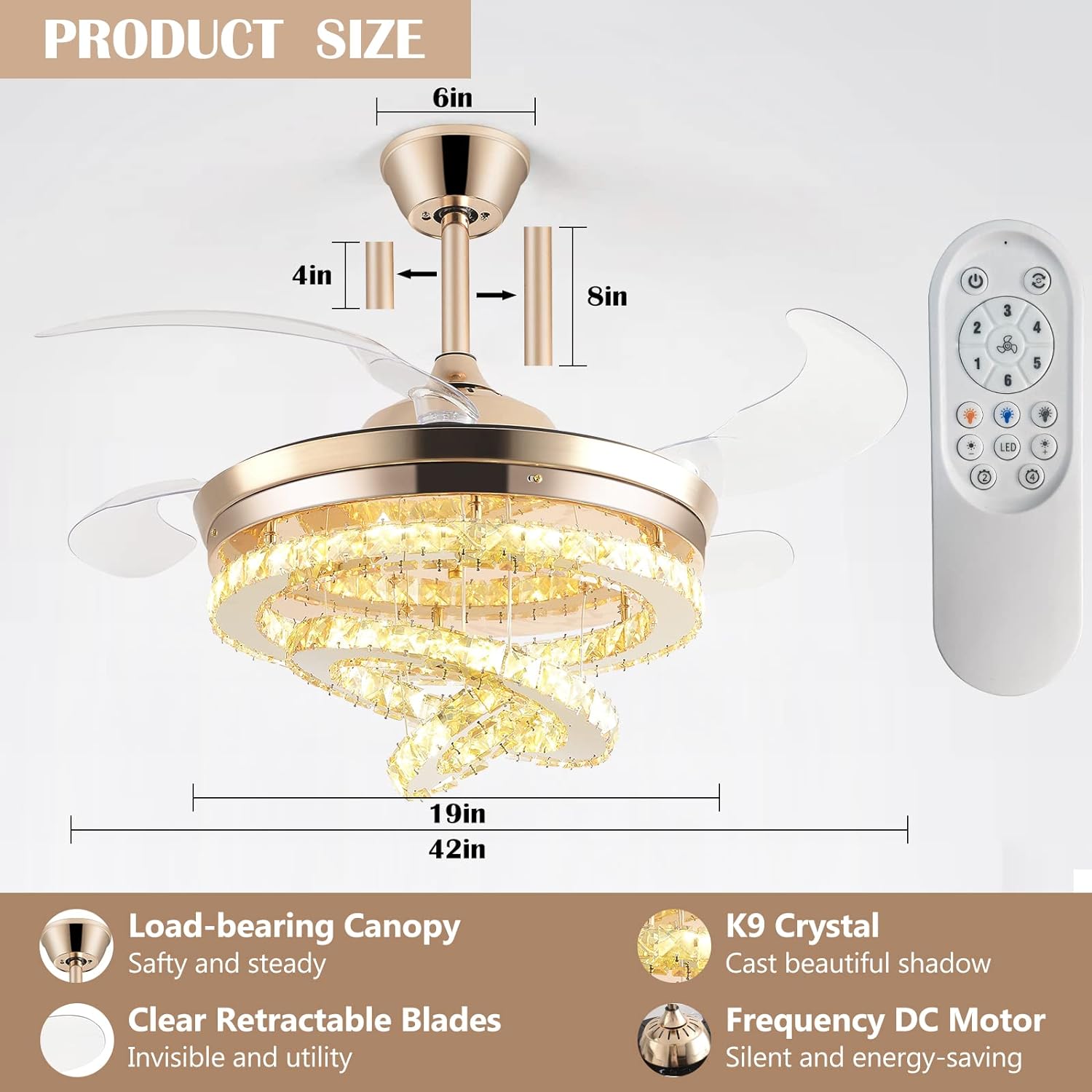 42 Crystal Ceiling Fan with Lights,Modern DIY Crystal Chandelier Ceiling Fan with Remote Control,Invisible Retractable Ceiling Fan for Living Room Bedroom Dining Room (Small Crystal, Gold)