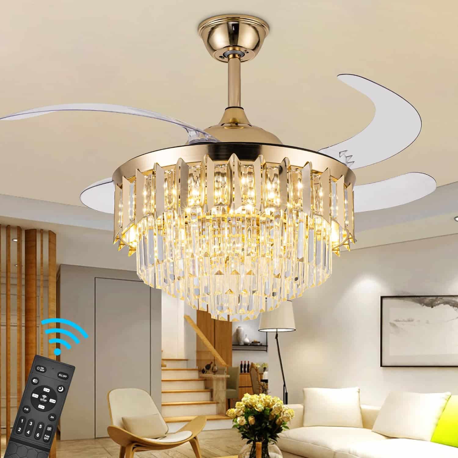 42 Inch Chandelier Ceiling Fan Modern Crystal Ceiling Fan with Lights Remote Control 6 Speed 3 Color Dimmable Silent Luxury Fandelier with Retractable Blades for Living Room Bedroom Decoration Gold