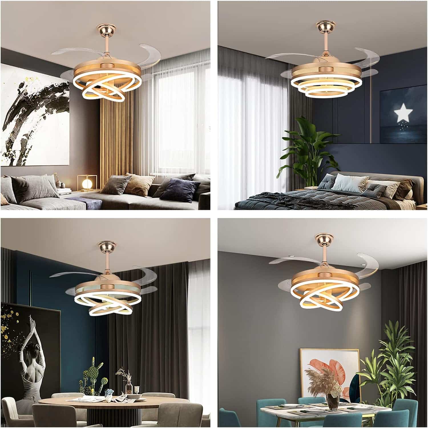 42 Invisible Ceiling Fan Chandelier Light,Modern DIY Ceiling Fan Light Remote Control 4 Retractable ABS Blades for Bedroom Living Dining Room Decoration (42, Gold)