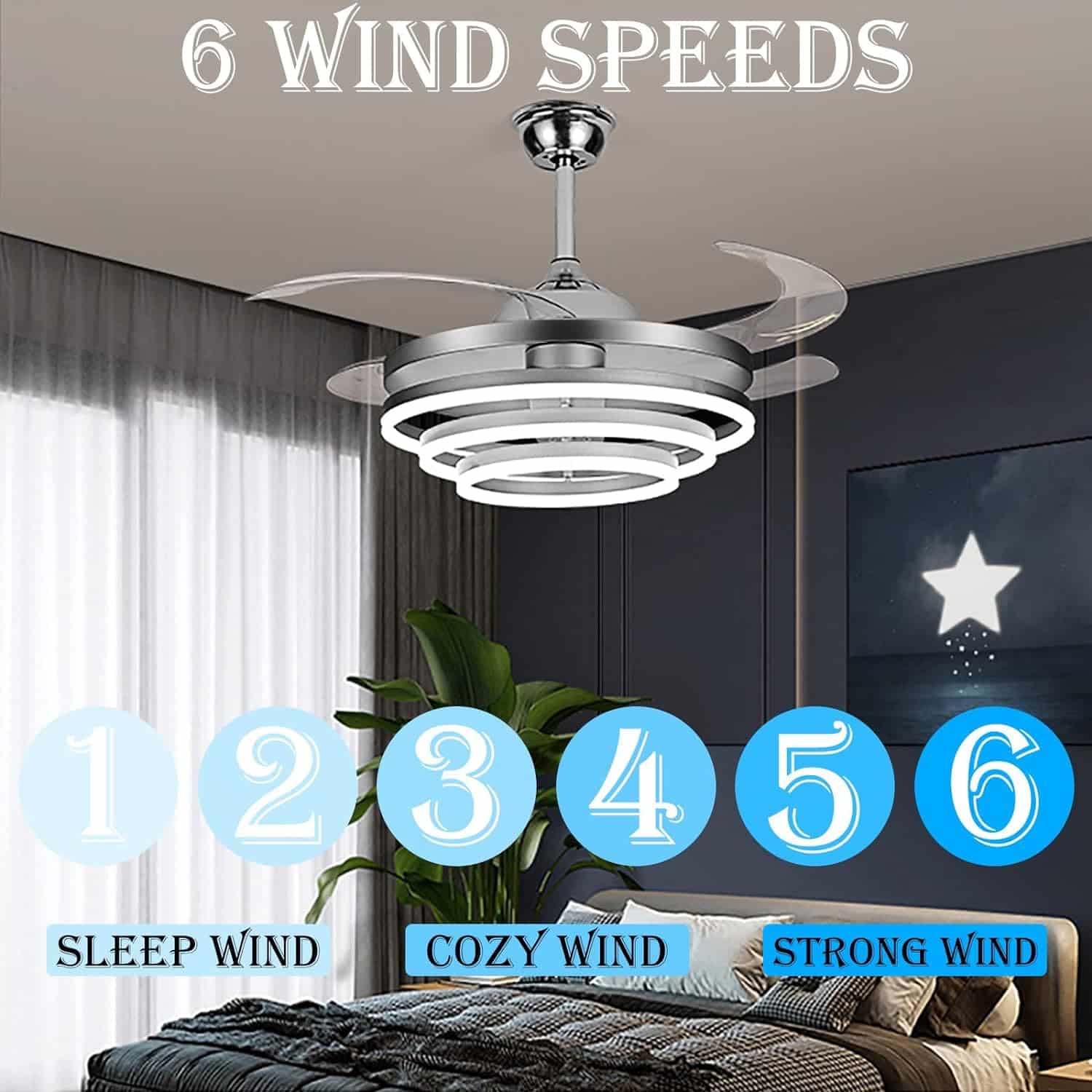 42 Invisible Ceiling Fan Chandelier Light,Modern DIY Ceiling Fan Light Remote Control 4 Retractable ABS Blades for Bedroom Living Dining Room Decoration (42, Gold)