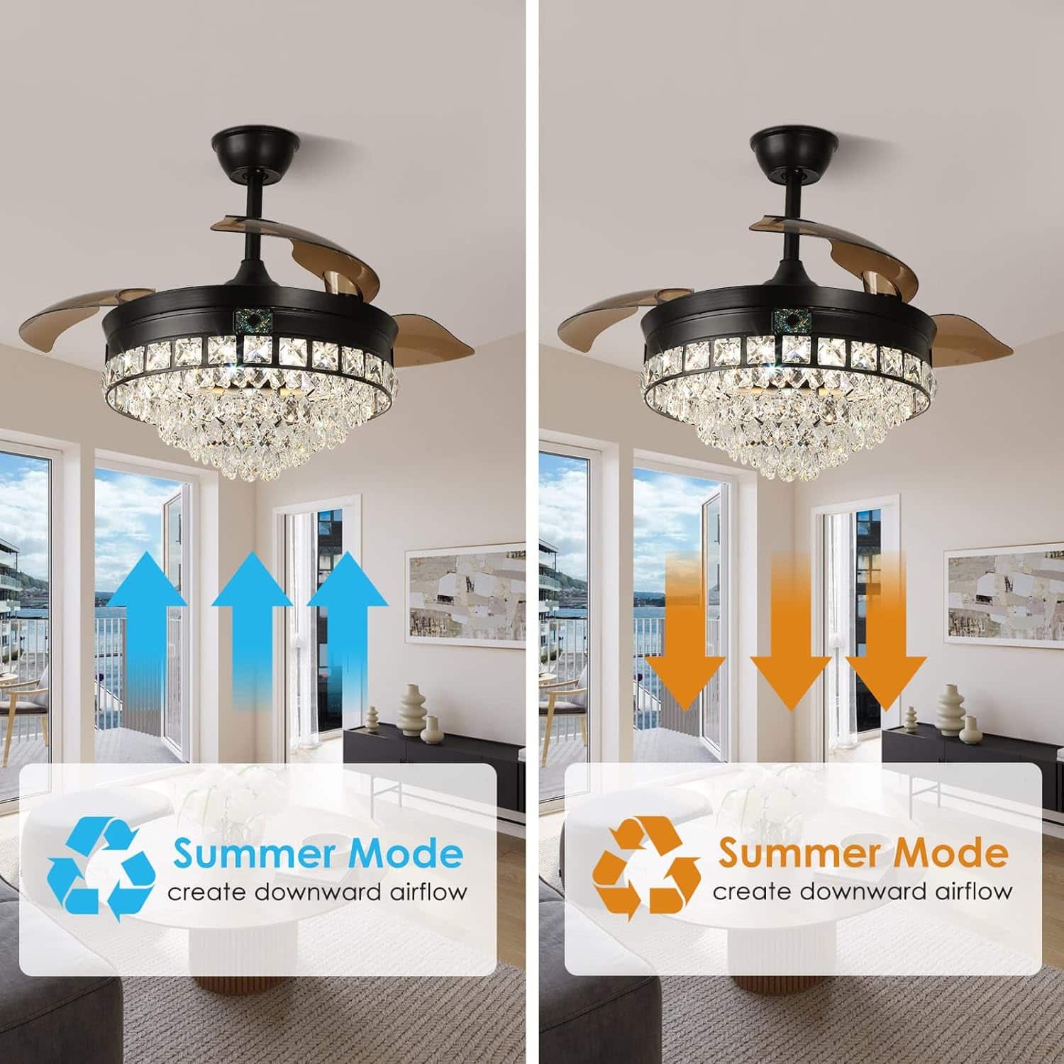 42 Modern Crystal Chandelier Ceiling Fan with Lights Gold Dimmable Fandeliers LED Invisible Fandelier Crystal Chandelier Fan 3 in 1 Color with Memory Function
