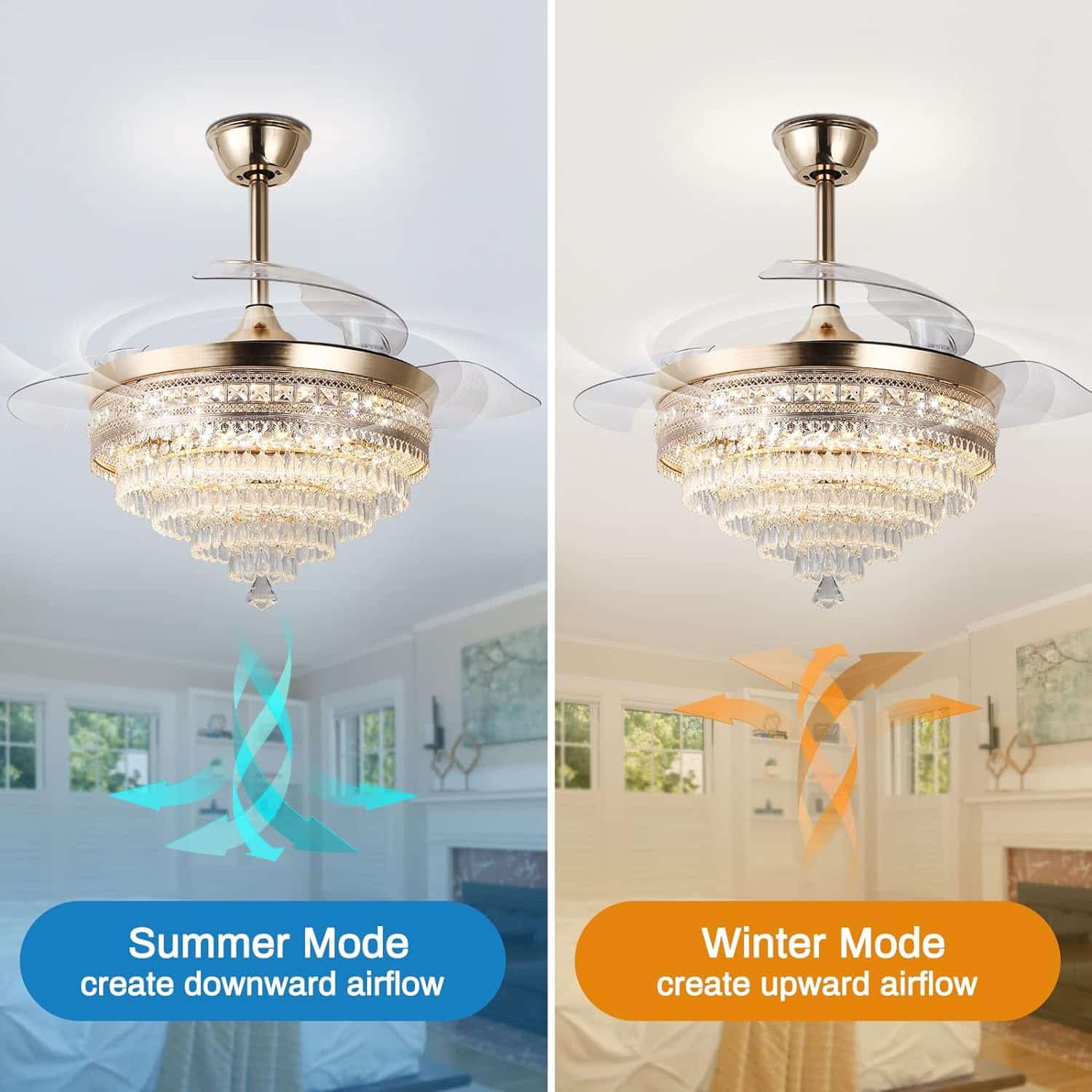 42 Modern Crystal Chandelier Ceiling Fan with Lights Gold Dimmable Fandeliers LED Invisible Fandelier Crystal Chandelier Fan 3 in 1 Color with Memory Function