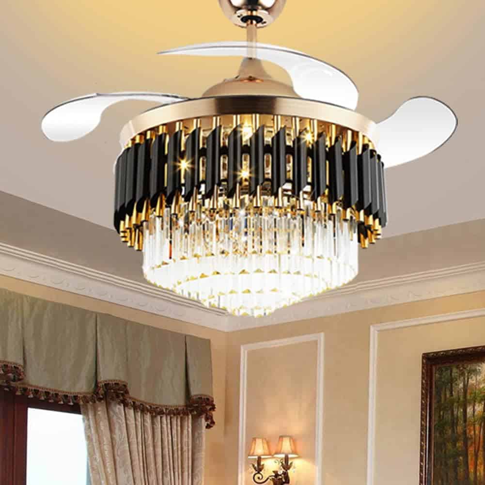 42” Modern Luxury Fandelier Crystal Chandelier Lamp Ceiling Fan Light with Invisible Retractable Blades for Living Room Dining Room Kitchen,French Gold