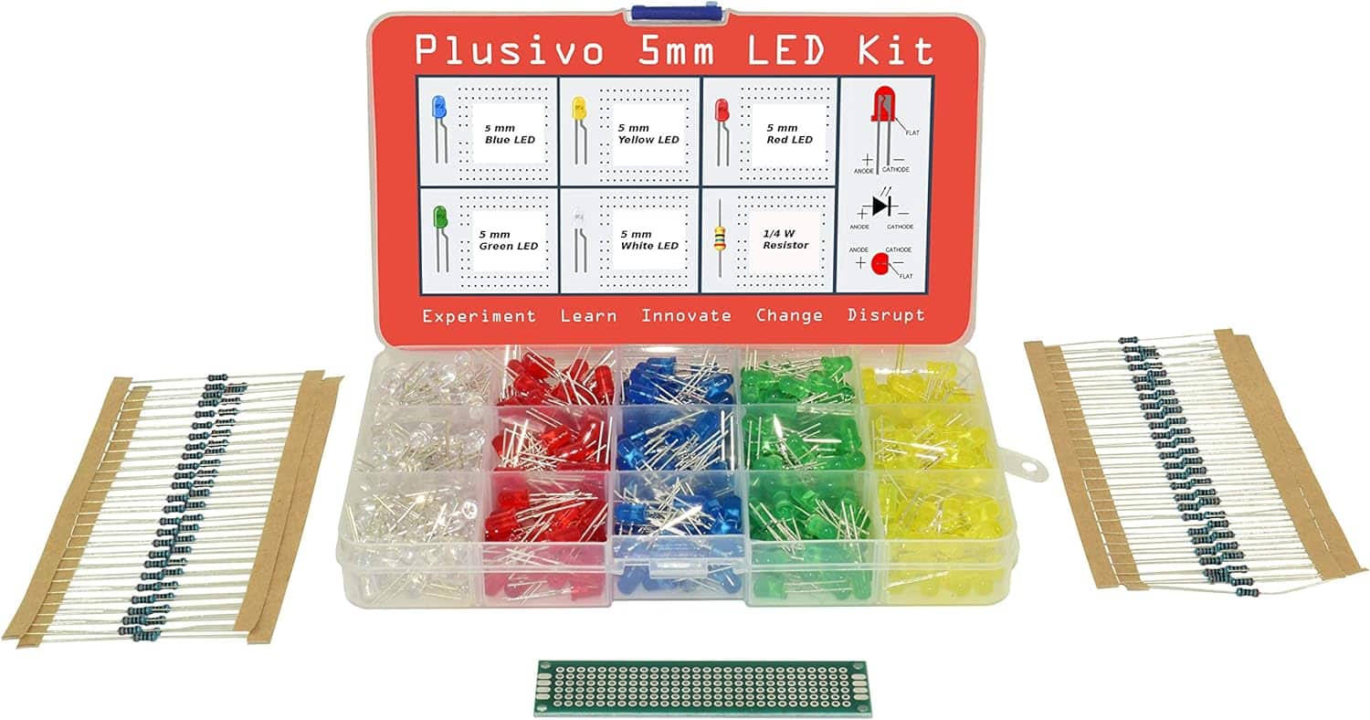 5mm Diffused LED Diode Assortment Kit - Pack of Assorted Color LEDs and Resistors (600 pcs) - Red, Green, Yellow, Blue and White Light Emiting Diode Indicator Lights from Plusivo