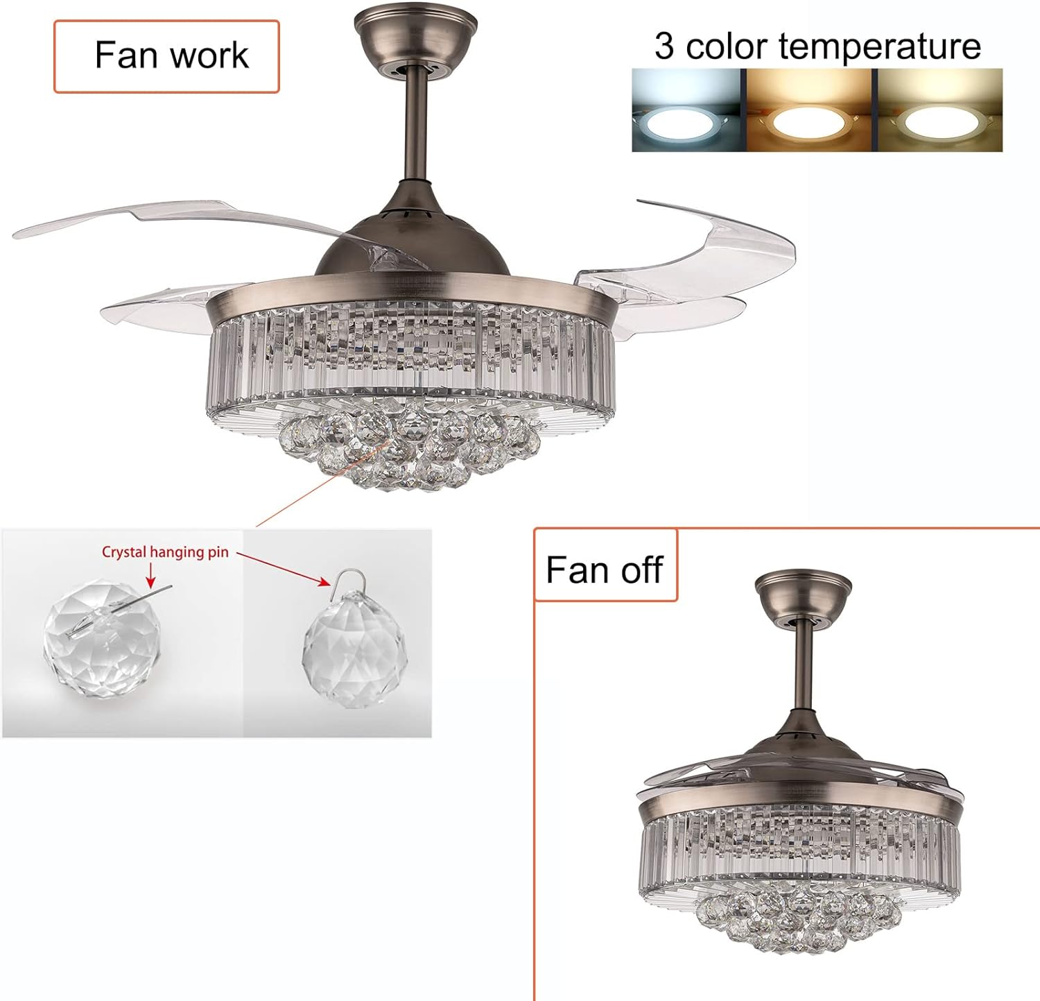 Crystal Ceiling Fan Fandelier Chandelier Indoor Luxury Hiding Quiet 42 Inch Polished Gold Retractable Ceiling Fan Light LED 3 Color Setting， Remote Control (Black)