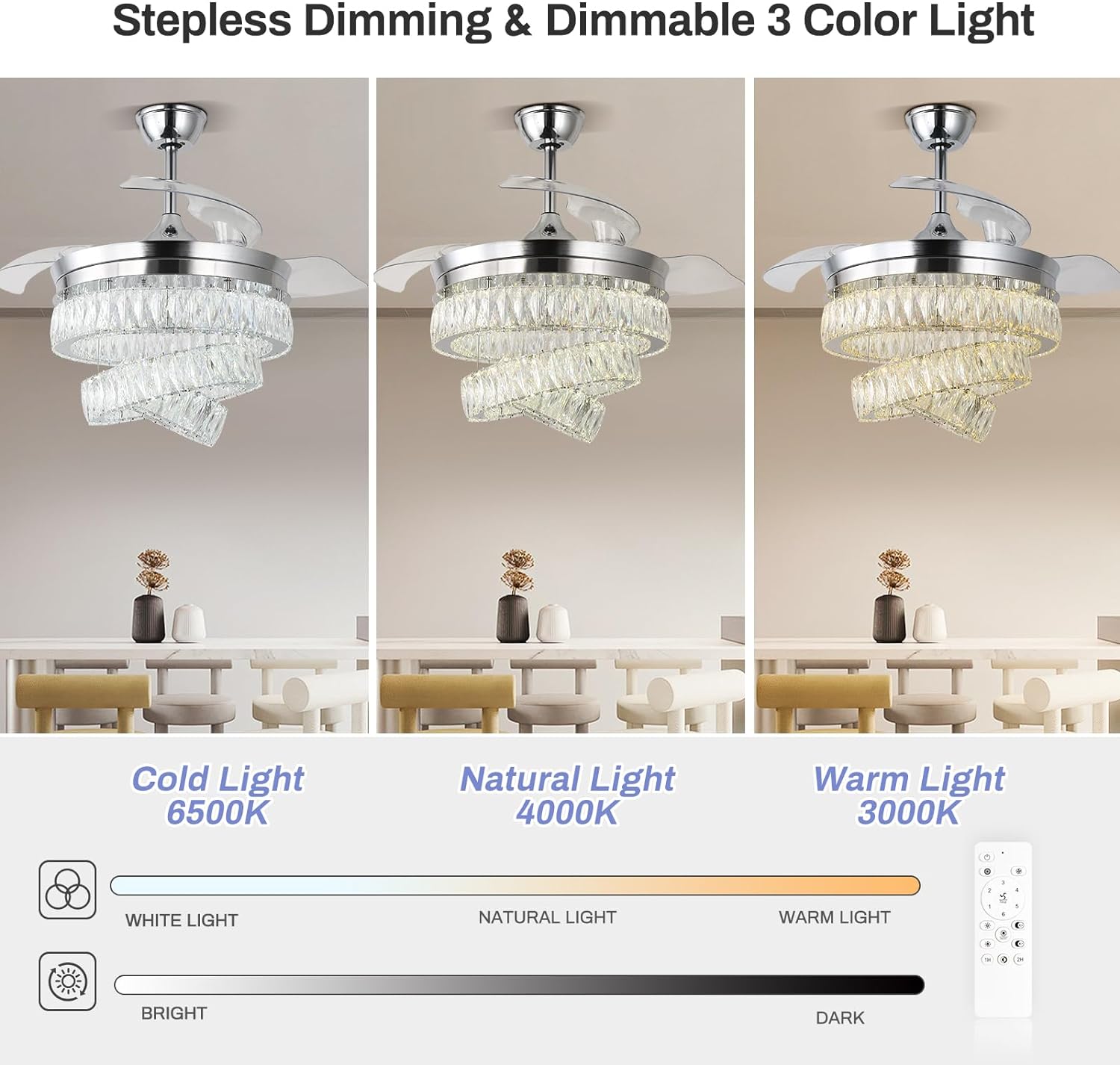 Finktonglan 42 Luxury Gold Chandelier Fan, Fandeliers with Invisible ABS Blades Modern Crystal Ceiling Fans with Remote Control, LED Crystal Chandelier Fan 3 Color Changeable, 6 Speed