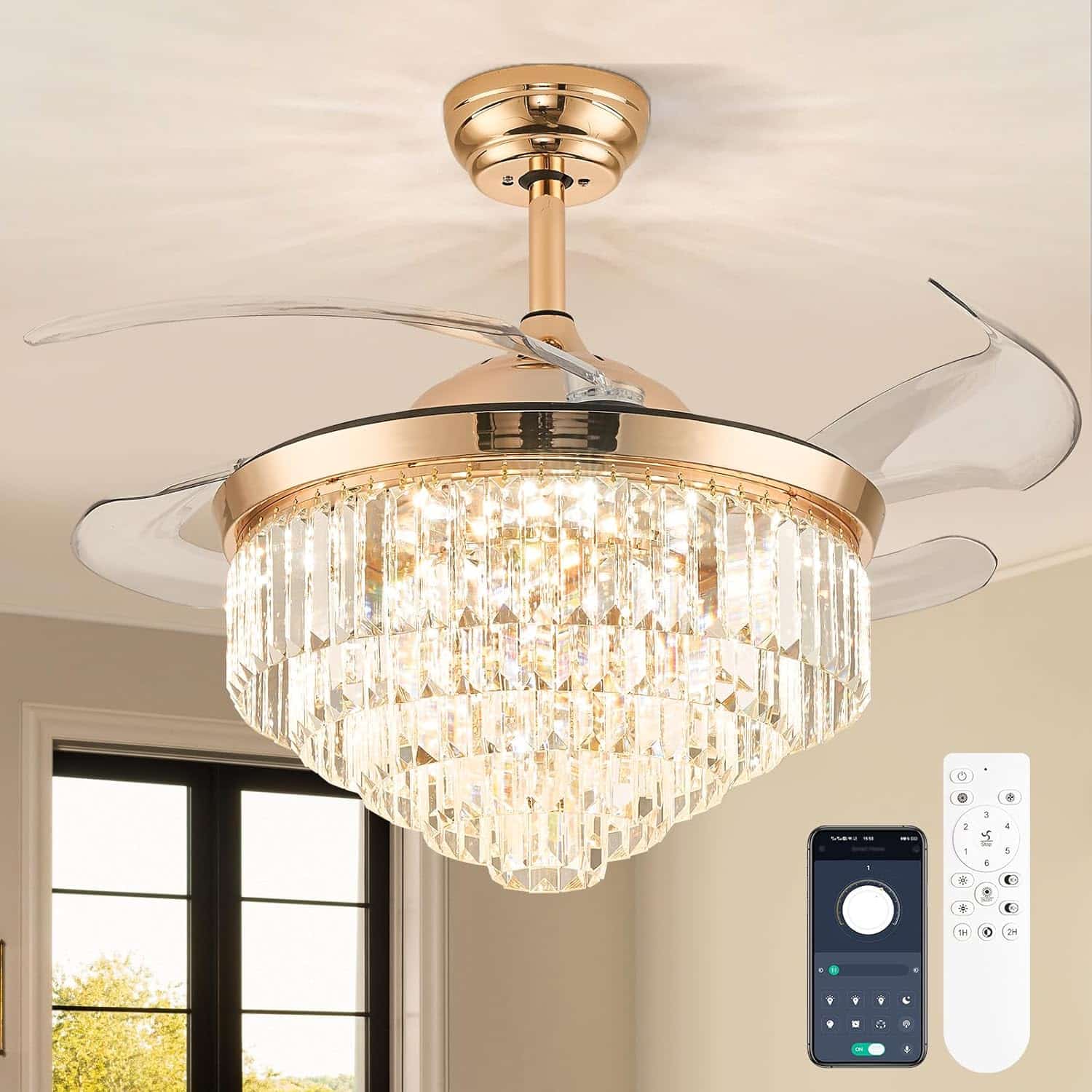 Finktonglan 42 Luxury Gold Chandelier Fan, Fandeliers with Invisible ABS Blades Modern Crystal Ceiling Fans with Remote Control, LED Crystal Chandelier Fan 3 Color Changeable, 6 Speed