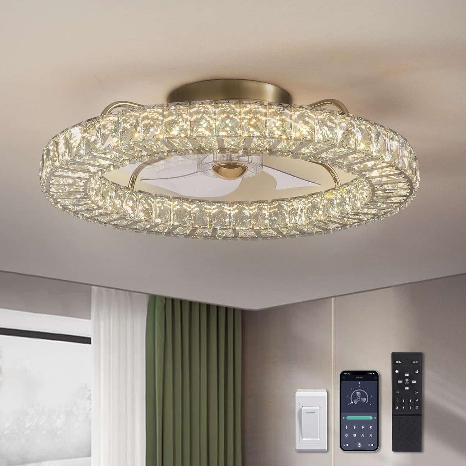 Flush Mount Ceiling Fan with Light, 22 Modern Crystal Chandelier Ceiling Fan with Smart 4-Light Color Change, Luxury LED Ceiling Fan, Low Profile Ceiling Fan for Bedroom (Gold)