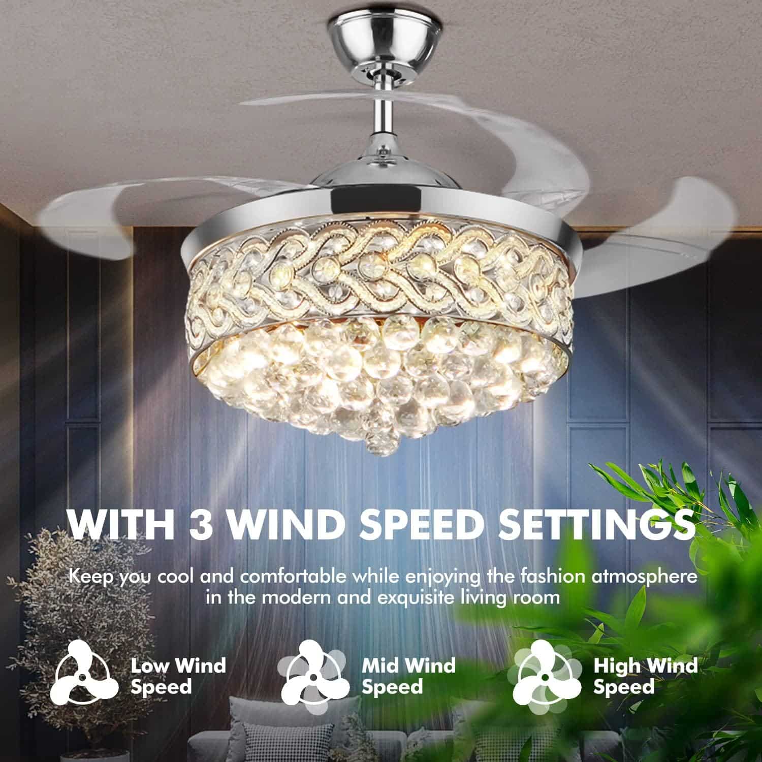 KPIBEST 42 inch Crystal Ceiling Fan with Light and Remote Control, Invisible Retractable Chandelier Ceiling Fans Lighting with 3 Lights Level and 3 Speeds for Dining/Living Room