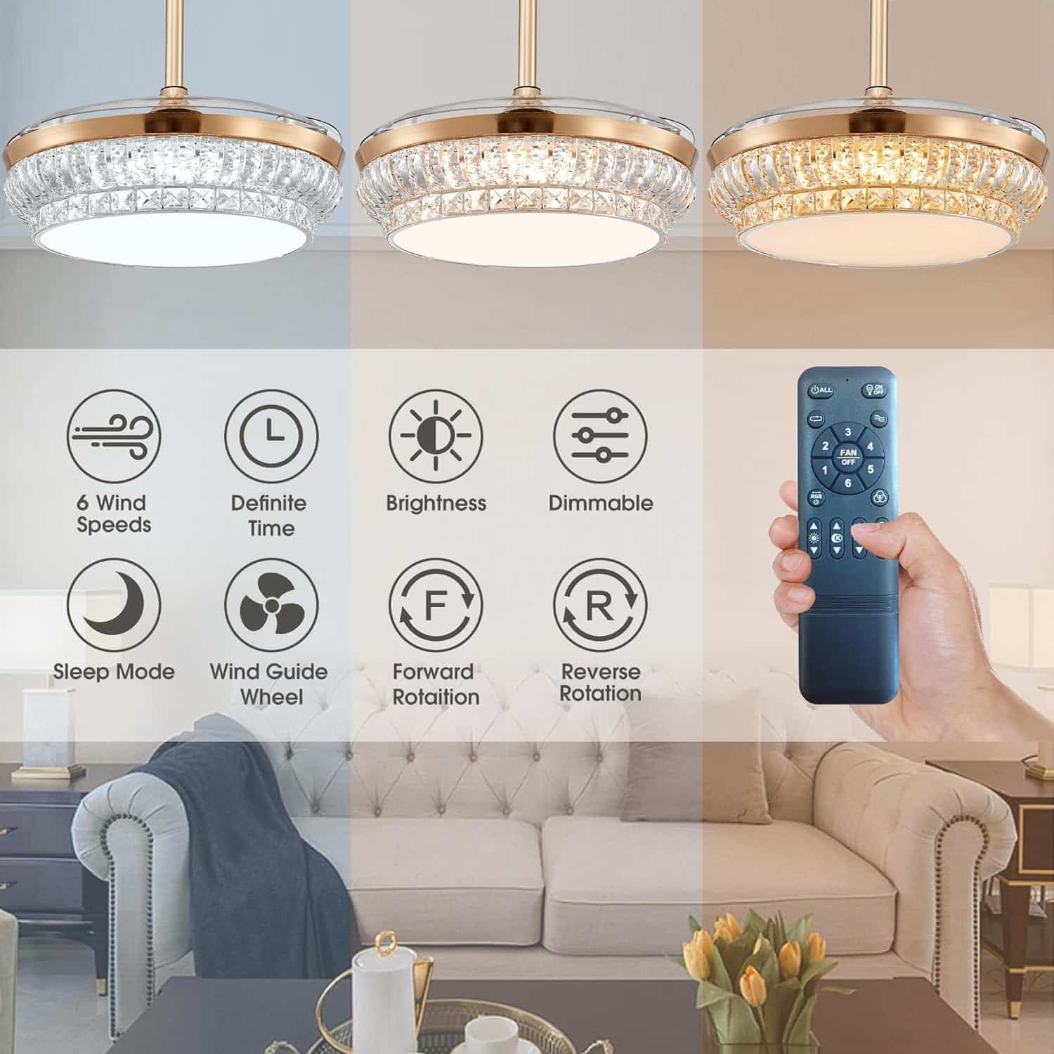 Modern Fandelier Ceiling Fan with Light and Remote, 42”Gold Retractable Chandelier Ceiling Fans with Lights 6 Speeds Invisible LED Flush Mount Crystal Fandeliers for Dining Room Bedroom