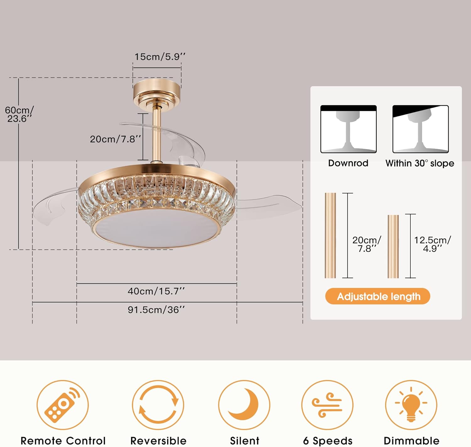 Modern Fandelier Ceiling Fan with Light and Remote, 42”Gold Retractable Chandelier Ceiling Fans with Lights 6 Speeds Invisible LED Flush Mount Crystal Fandeliers for Dining Room Bedroom