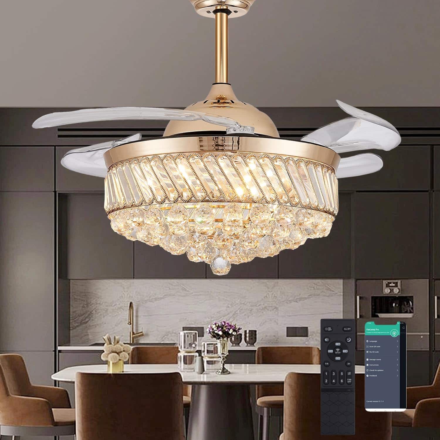 PAFRUMGE 36 Dimmable Gold Fandelier Crystal Ceiling Fans with Lights and Remote Invisible LED Crystal Chandelier Fan for Bedroom-Polished Chrome for Bedroom,Dinning Room,Living Room