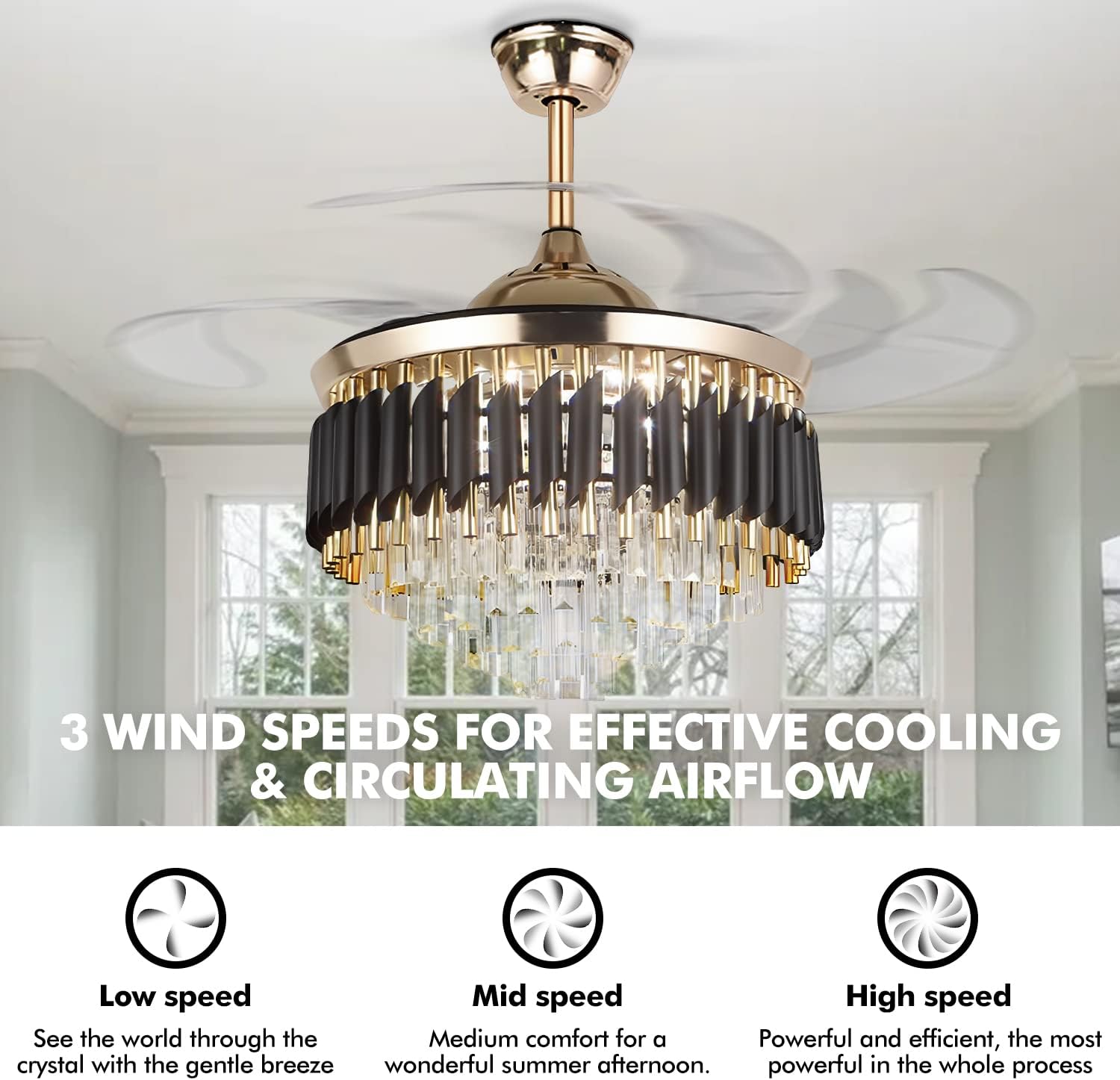 QHRAY 42” Modern Luxury Fandelier Crystal Chandelier Lamp Ceiling Fan Light with Invisible Retractable Blades for Living Room Dining Room Kitchen,French Gold