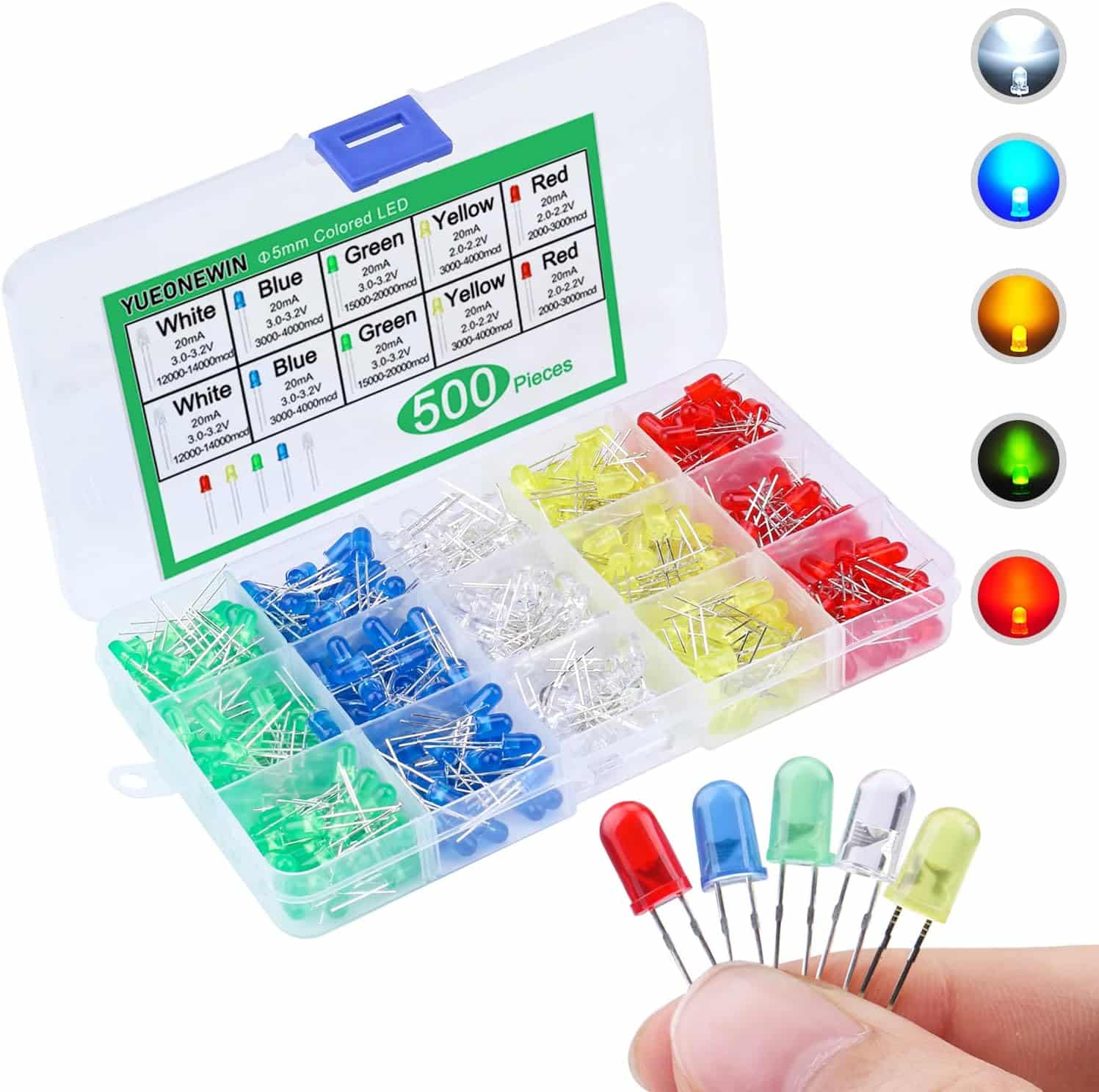 YUEONEWIN 500Pcs 5mm LED Diode Light Emitting Diode Assortment Kit Led Electronics Circuit Assorted Kit for Arduino, PCB Circuit DIY, Christmas Card Making (Multicolor-White/Red/Yellow/Blue/Green)