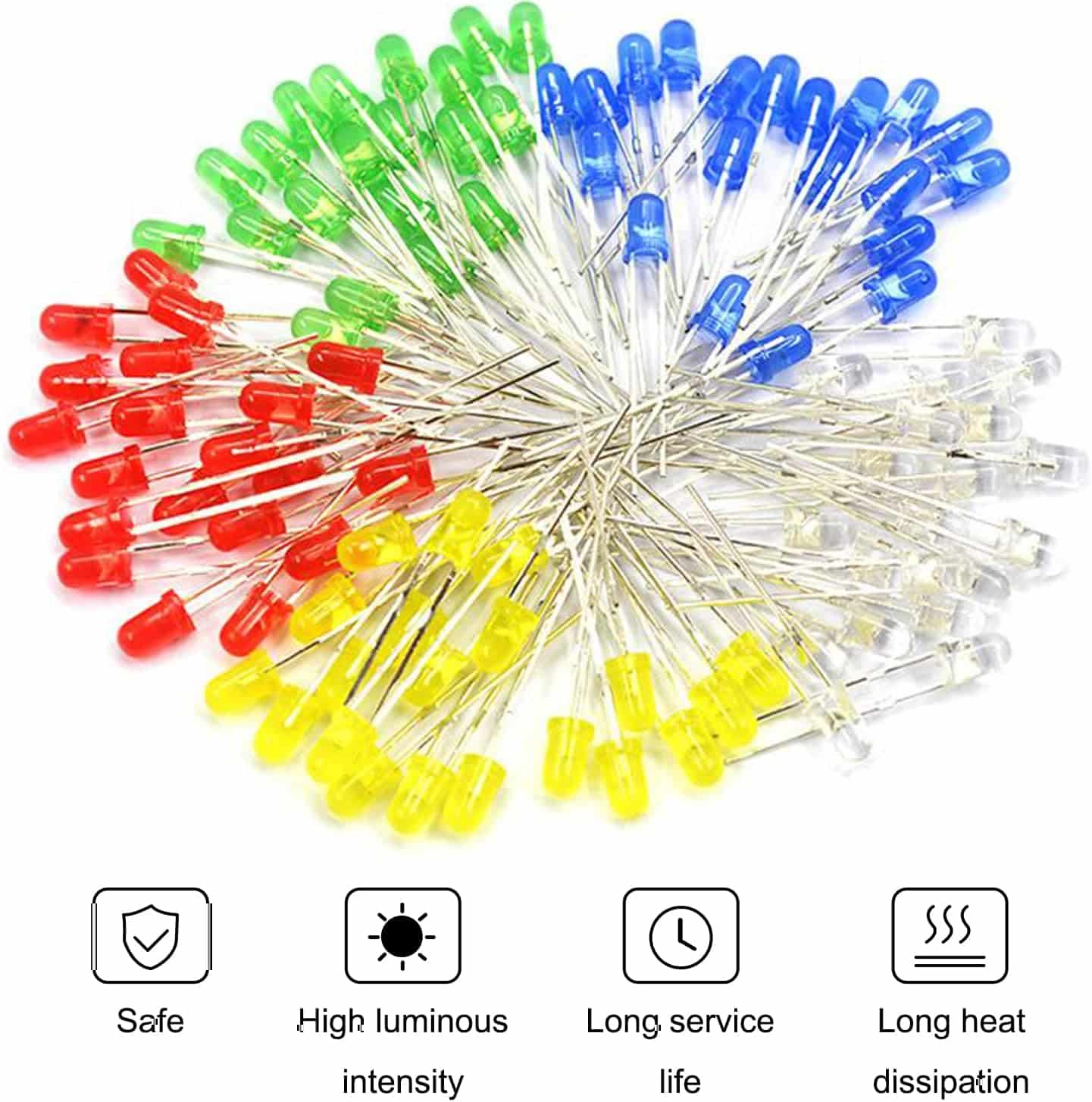 YUEONEWIN 500Pcs 5mm LED Diode Light Emitting Diode Assortment Kit Led Electronics Circuit Assorted Kit for Arduino, PCB Circuit DIY, Christmas Card Making (Multicolor-White/Red/Yellow/Blue/Green)