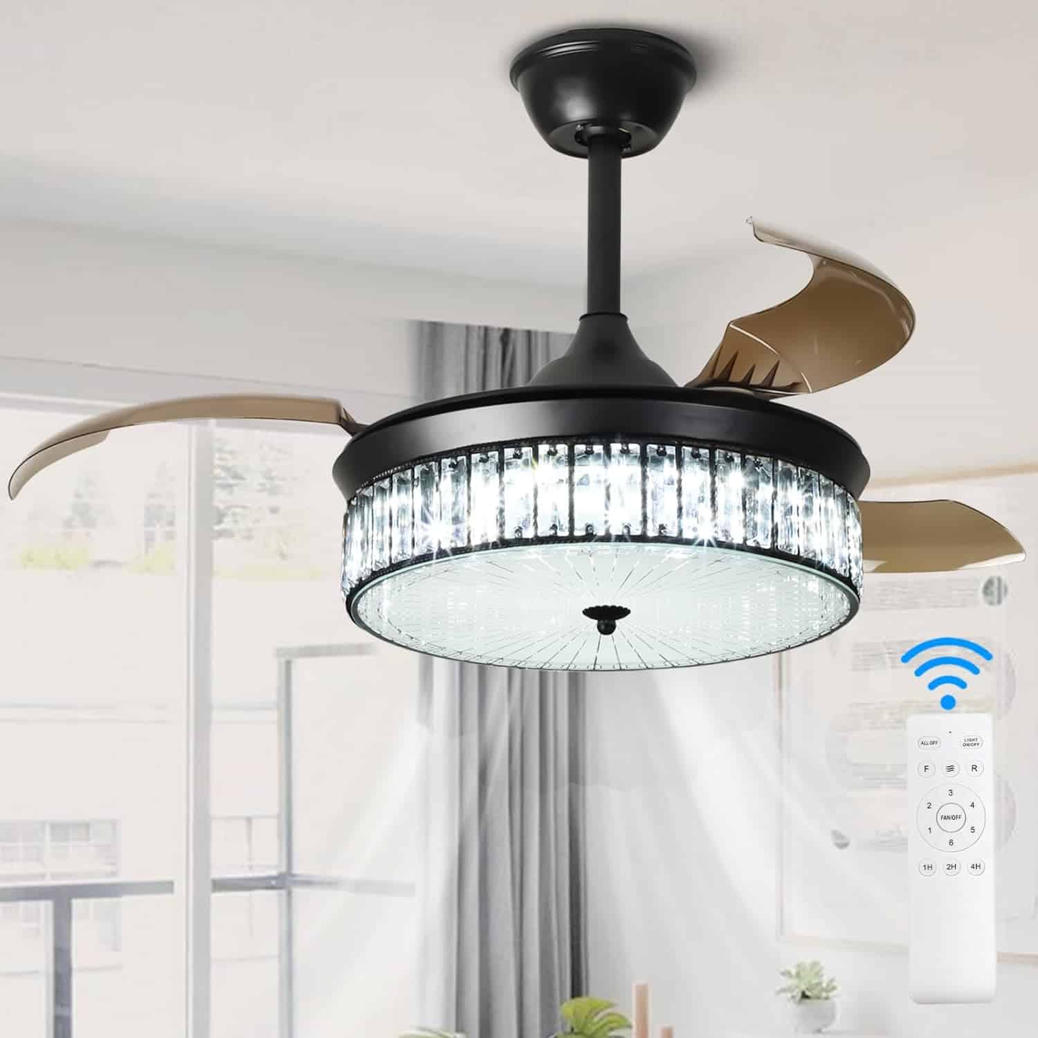 42 Crystal Ceiling Fan with Lights, Dimmable Modern Fan Chandelier Remote and APP Control Retractable Gold Ceiling Fan for Bedroom Living Room, 3 Reversible-Blade 3 Color Change 6 Speed