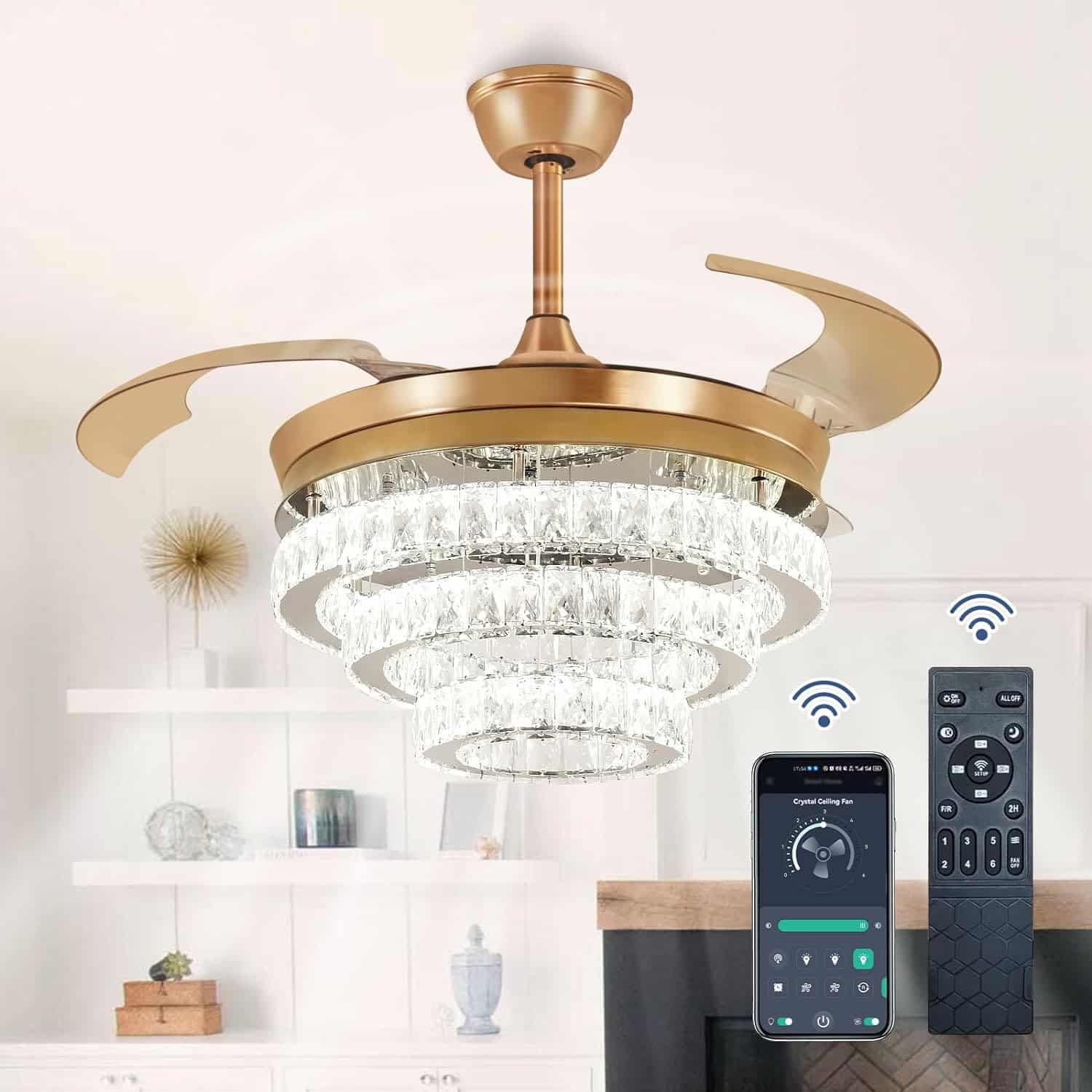 42 Crystal Ceiling Fan with Lights, Dimmable Modern Fan Chandelier Remote and APP Control Retractable Gold Ceiling Fan for Bedroom Living Room, 3 Reversible-Blade 3 Color Change 6 Speed