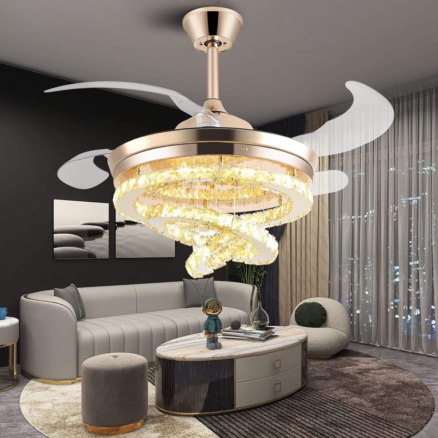 42 Crystal Ceiling Fan with Lights Modern Crystal Chandeliers Ceiling Fan Remote,Dimmable Fandelier Retractable Crystal Ceiling Fan,Invisible Ceiling Fan Rings LED Chandelier(Small Crystal,Silver)