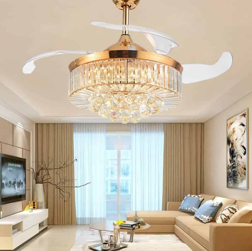 42 Inch Luxury Crystal Retractable Ceiling Fan with Light Remote Control,LED 3 Color Changing Fan Light Silent Invisible Fan Chandelier Lighting (Rose Gold)