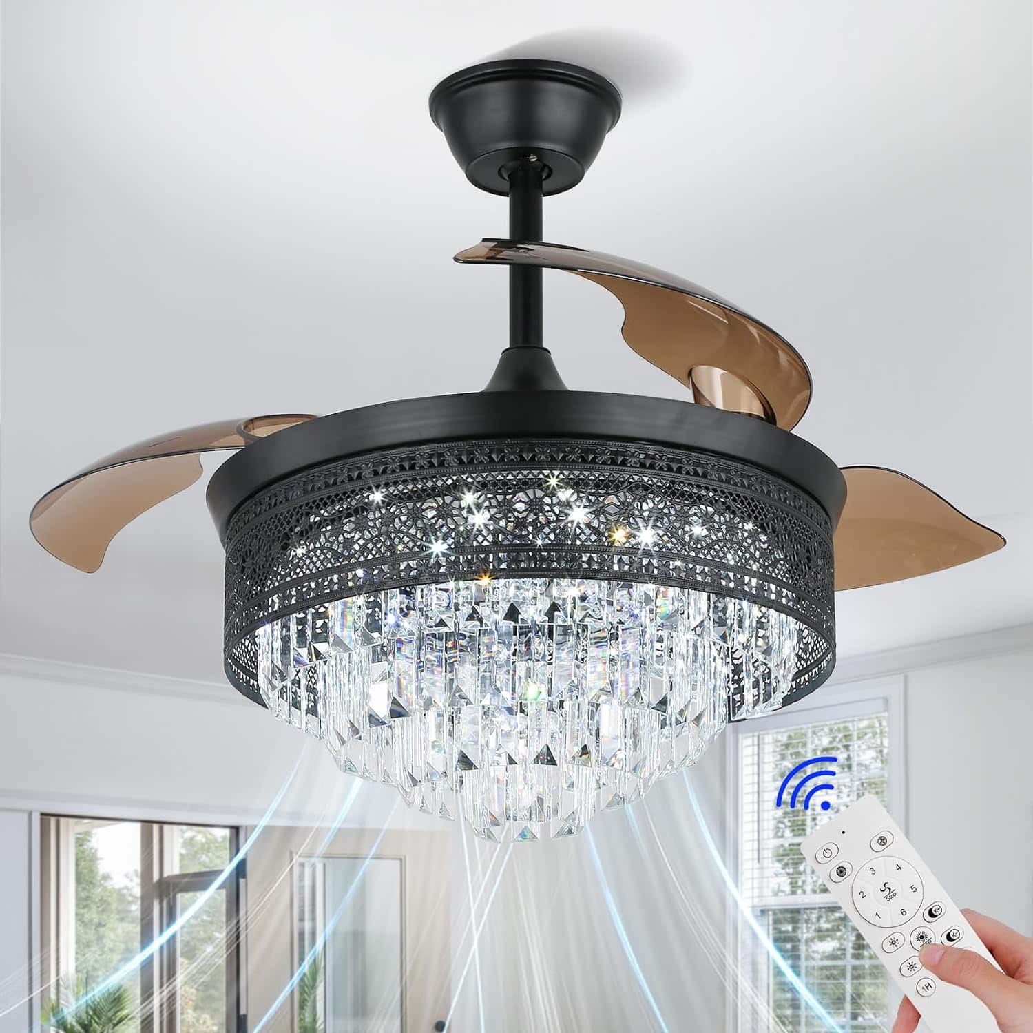 Ceiling Fans with Lights 42 Dimmable Retractable Fandelier Chandelier Fan Modern Crystal Ceiling Fans with Lights and Remote for Bedroom Living Room Invisible Blades 6 Speeds, Gold