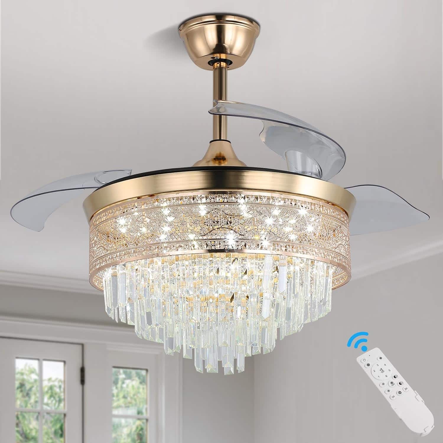 Ceiling Fans with Lights 42 Dimmable Retractable Fandelier Chandelier Fan Modern Crystal Ceiling Fans with Lights and Remote for Bedroom Living Room Invisible Blades 6 Speeds, Gold