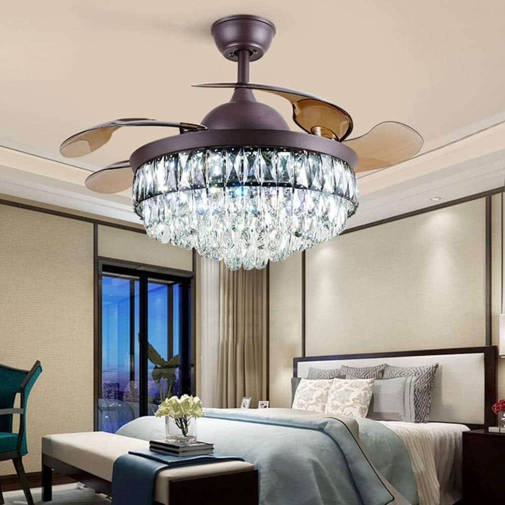 Chandelier Ceiling Fan with Remote Control 3 Speeds, 43 inch Luxury Crystal Fandelier Ceiling Fan with 3 Color Lights and Retractable Blade Fix for Dining/Living Room