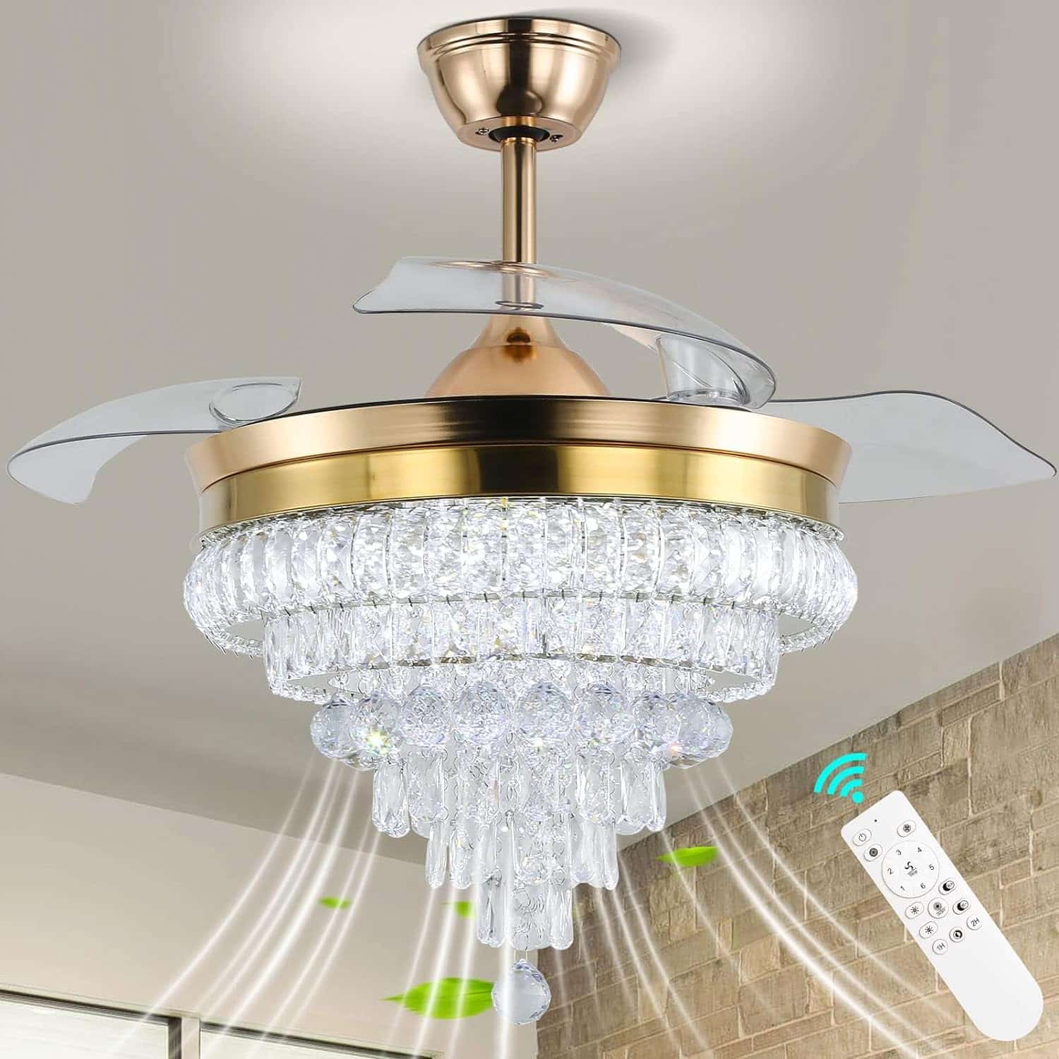CLAIRDAI Modern Crystal Chandelier Ceiling Fan with Lights Dimmable Fandeliers 42 Retractable LED Invisible Fandelier Crystal Chandelier Fan for Bedroom Dining Room Living Room (Gold)