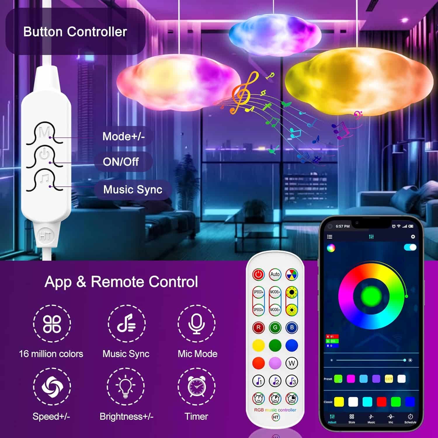 Cloud Lights for Ceiling, RGB LED Cloud Lamp with Remote  APP Control, Sync Music Color Changing Cloud Lights for Bedroom Gaming Room Party Wedding Indoor Outdoor Decor, Gifts for Kids Adults