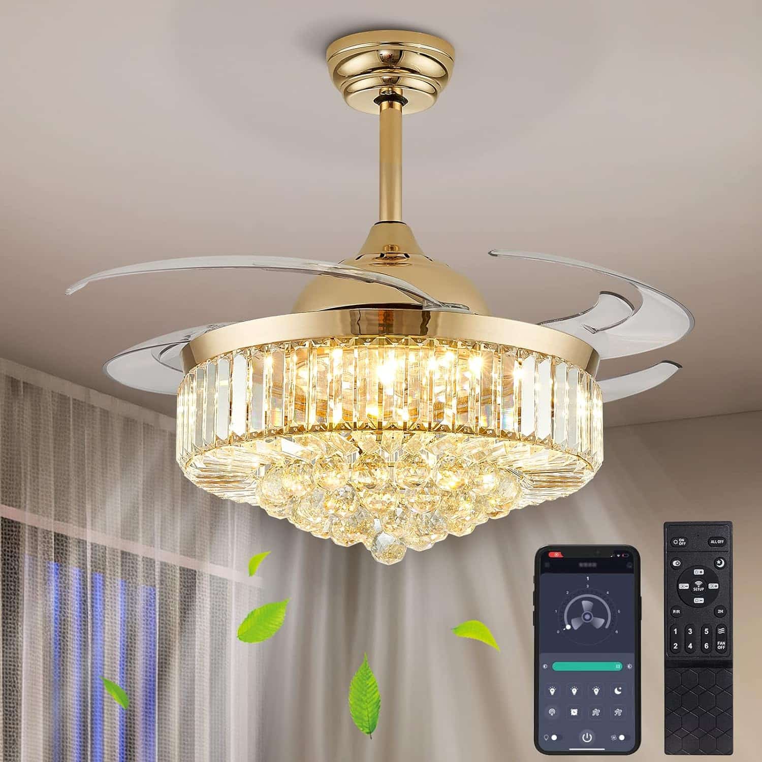 CROSSIO 48 Modern Gold Crystal Ceiling Fan with Light and Remote Crystal Fandelier LED Dimmable Chandelier Fan with Invisible Reversible Fan Blades for Kitchen, Dining Room, Living Room,Bedroom