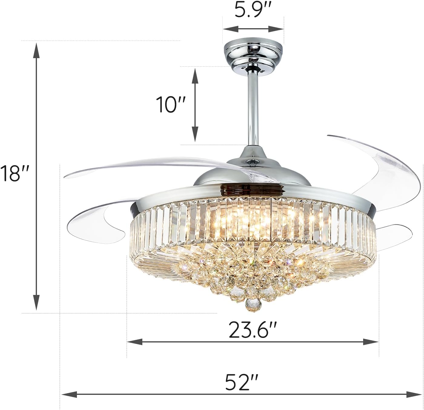 CROSSIO Modern Crystal Ceiling Fan Light Reversible Fandelier LED Dimmable Gold Retractable Fan Chandelier with Remote for Bedroom Living Room 36 inches