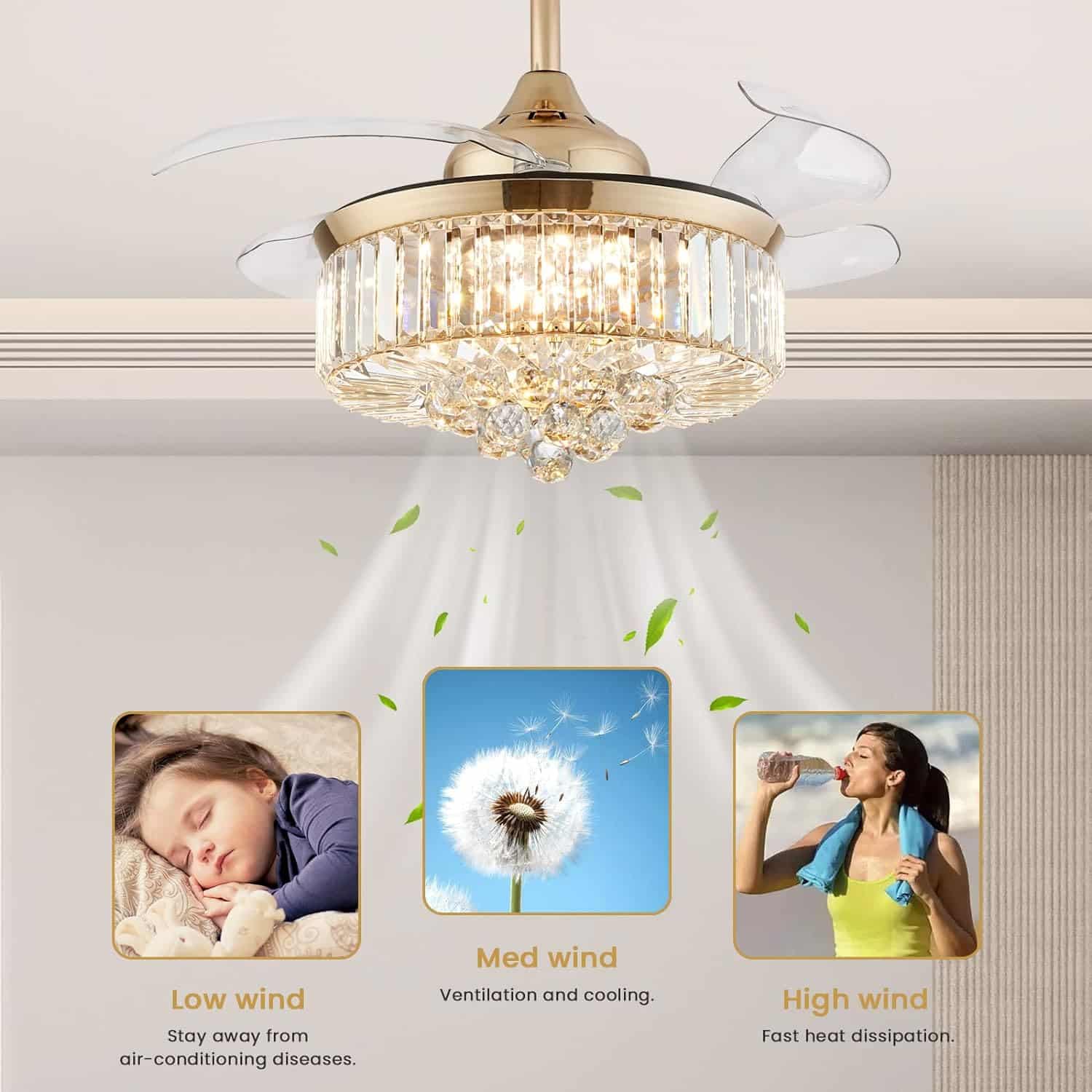 CROSSIO Modern Crystal Ceiling Fan Light Reversible Fandelier LED Dimmable Gold Retractable Fan Chandelier with Remote for Bedroom Living Room 36 inches