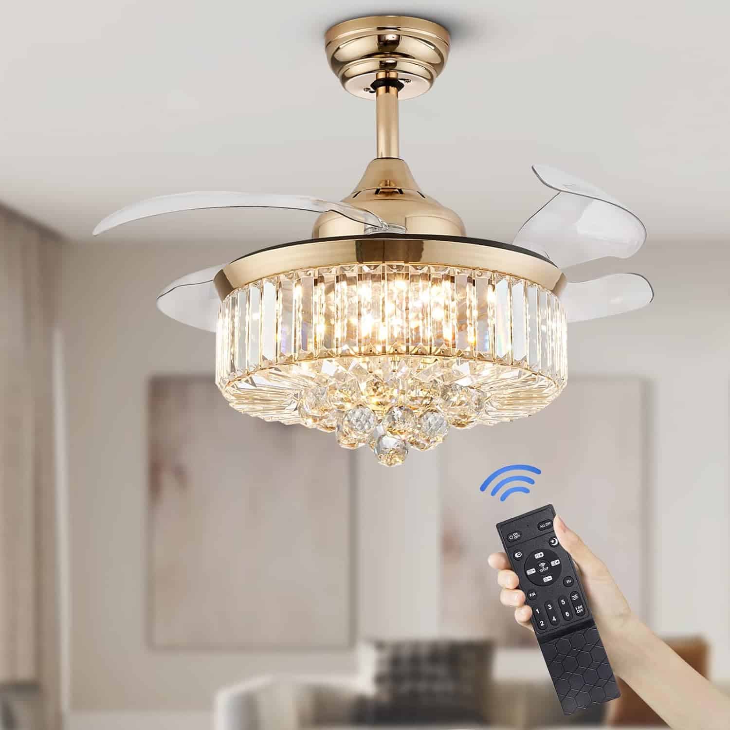 CROSSIO Modern Crystal Ceiling Fan Light Reversible Fandelier LED Dimmable Gold Retractable Fan Chandelier with Remote for Bedroom Living Room 36 inches