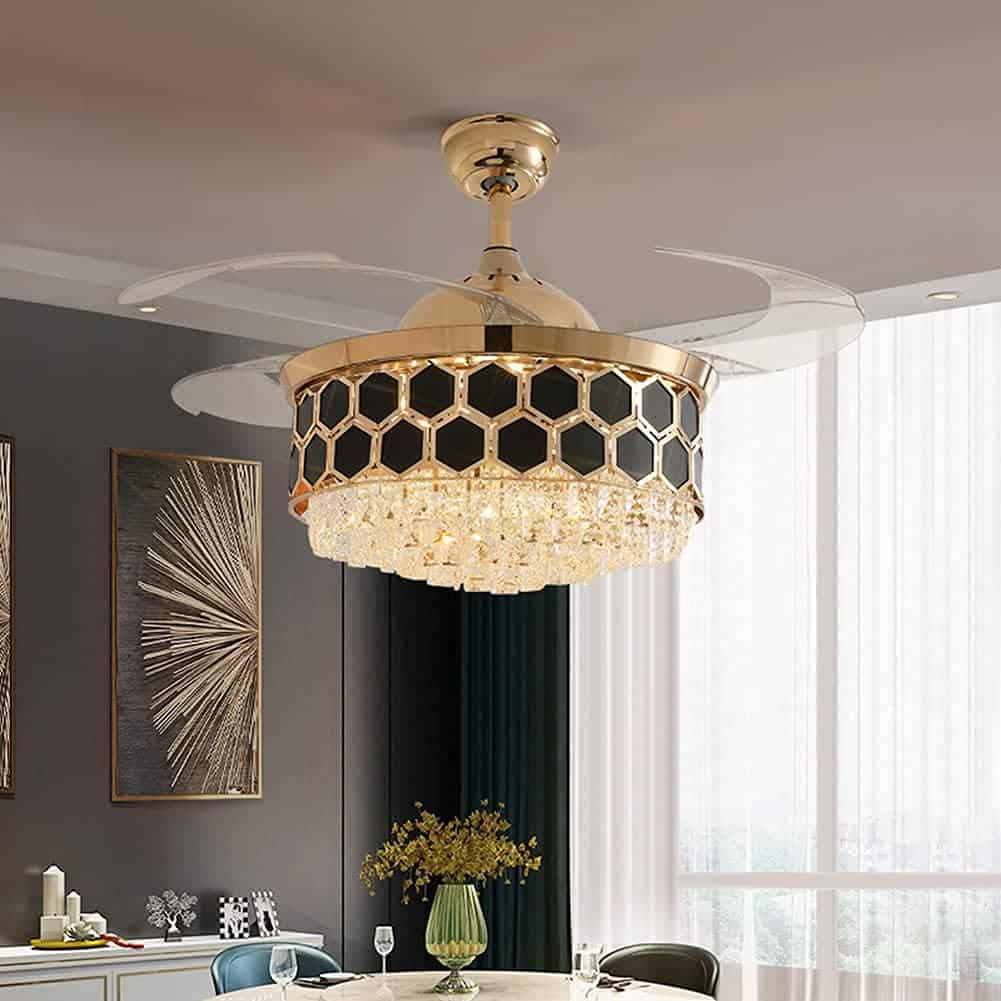 Fandian 42 Modern Crystal Ceiling Fan with LED Lights Remote Control Retractable Chandelier, 3 Color Lighting, Silent Black Gold Luxury Fandelier Fixture for Bedroom Dining/Living Room