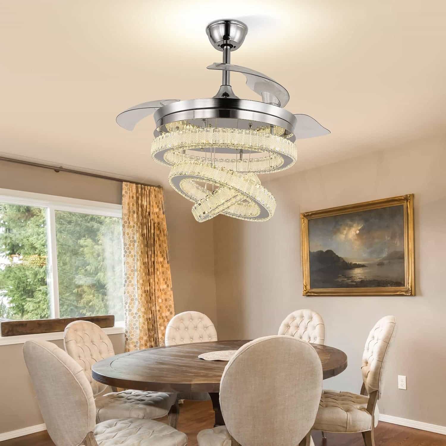 FRIXCHUR 42 Gold Modern Crystal Ceiling Fan with Lights Dimmable Fandelier Retractable Crystal Chandelier Ceiling Fan for Bedroom Dining Room,6 Speed,3 Light Colors Adjustable